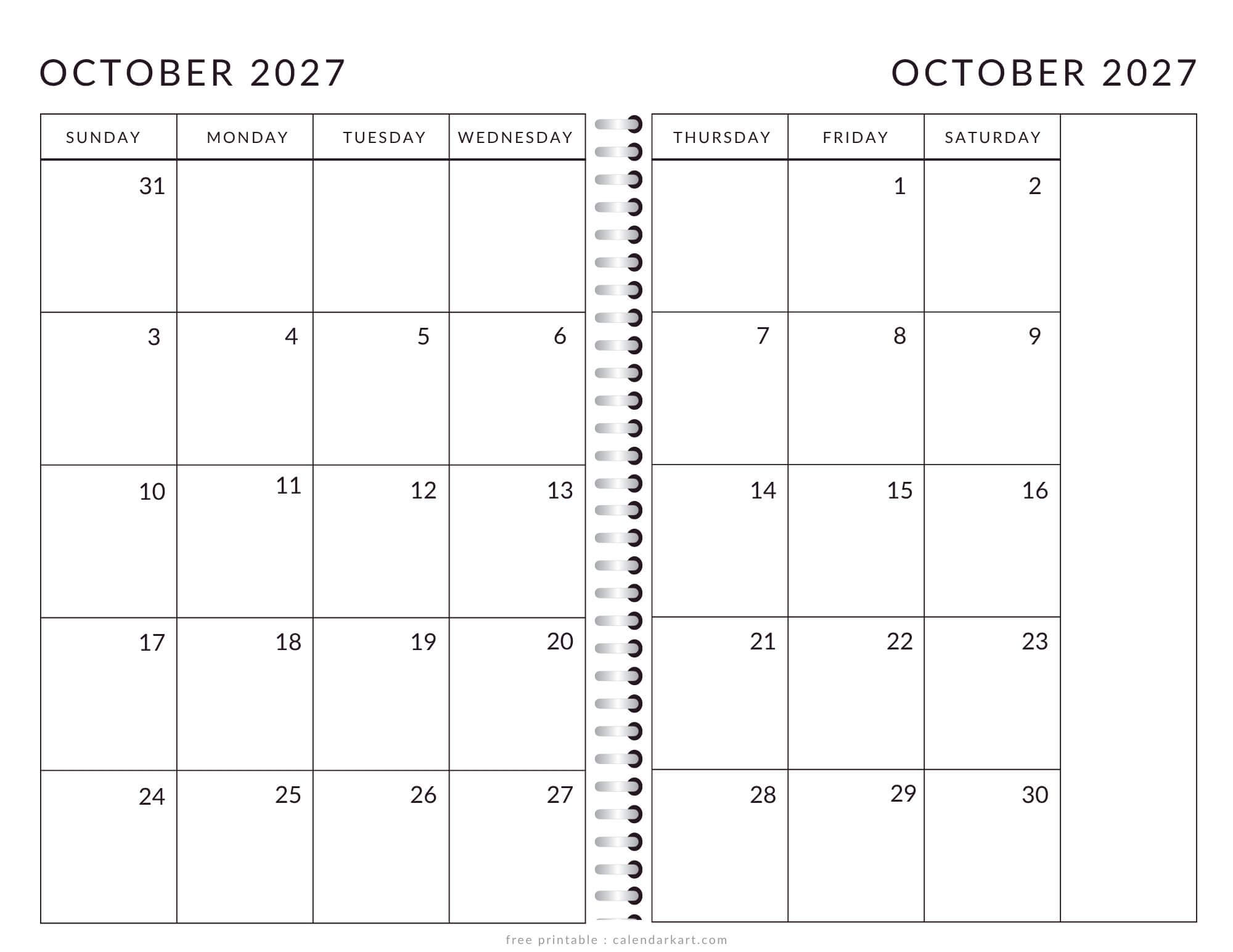 Printable October 2027 Calendar 2 Page Monthly