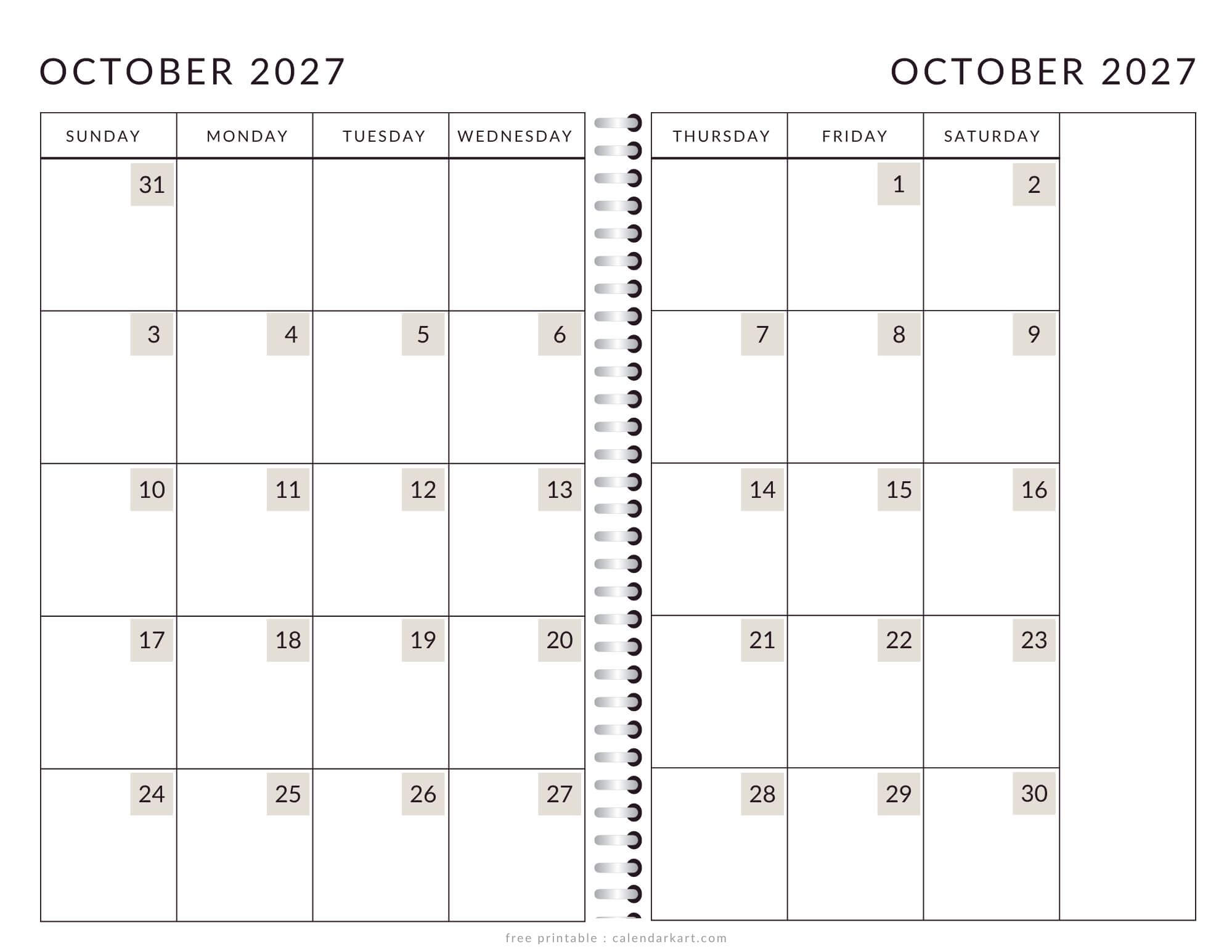 Printable October 2027 Calendar 2 Page Soft Pastel