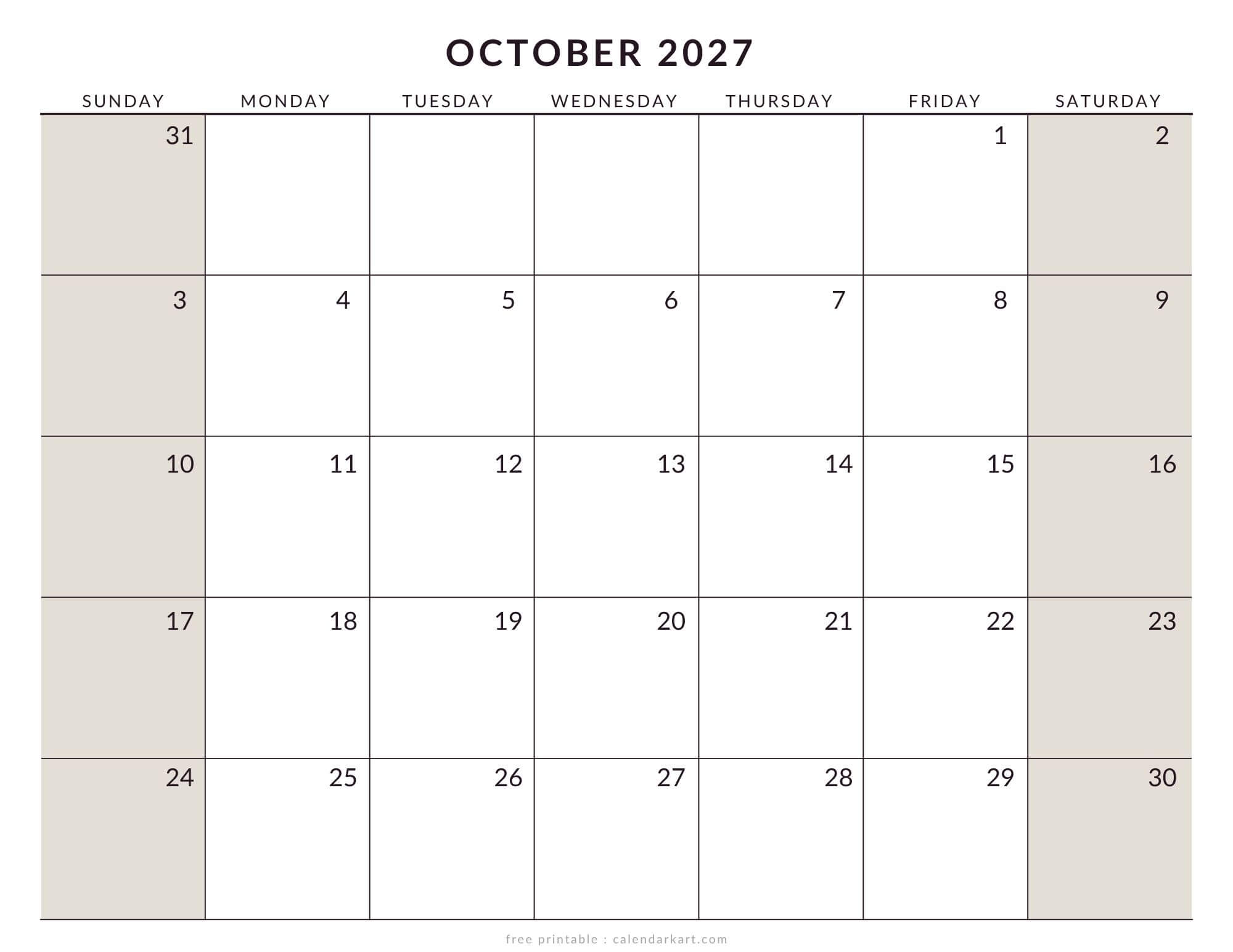 Printable October 2027 Calendar Large Size Soft Pastel
