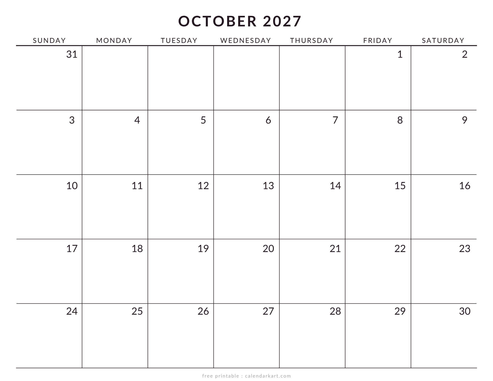 Printable October 2027 Calendar Large Size