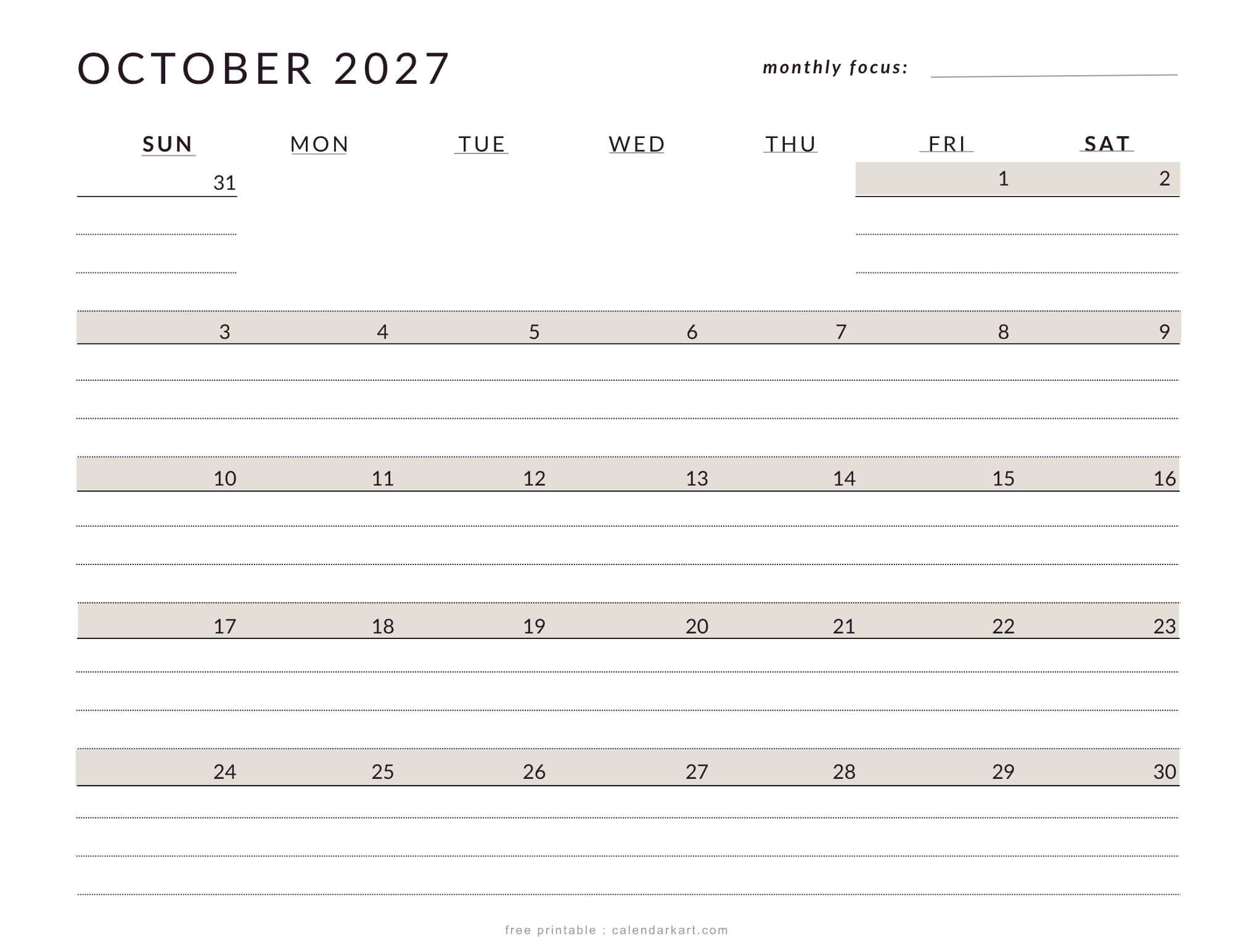 Printable October 2027 Calendar Lined soft Pastel