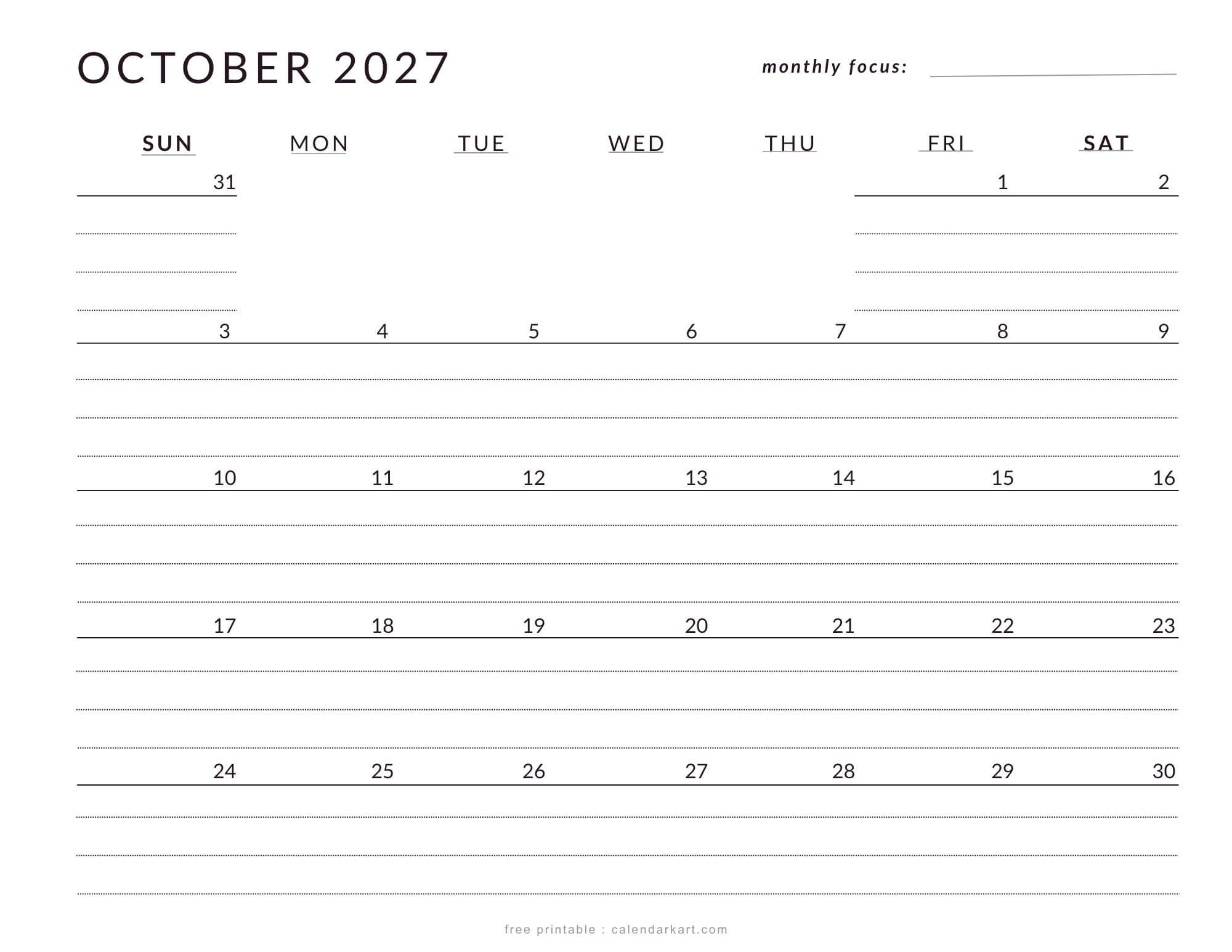 Printable October 2027 Calendar Lined