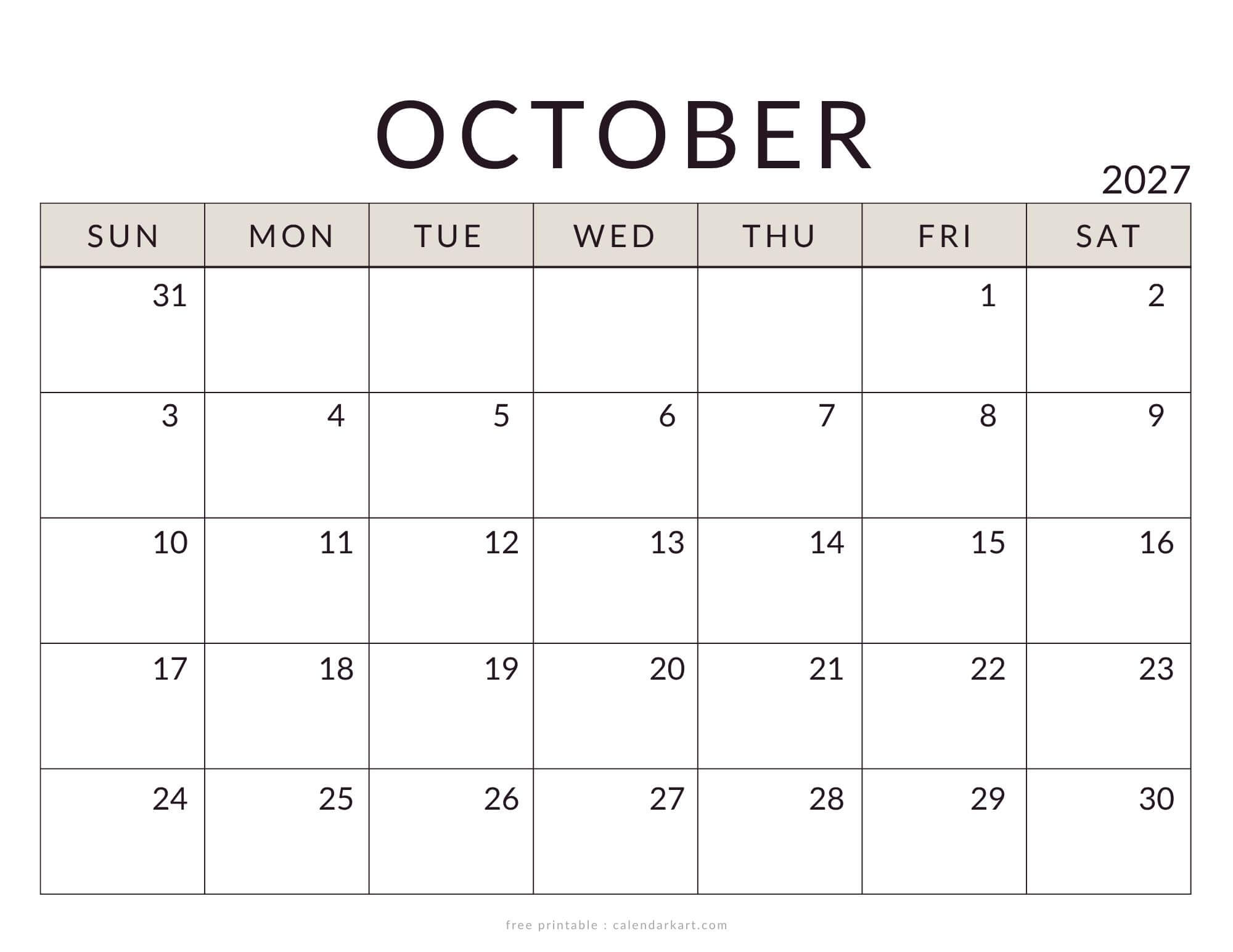 Printable October 2027 Calendar Minimal
