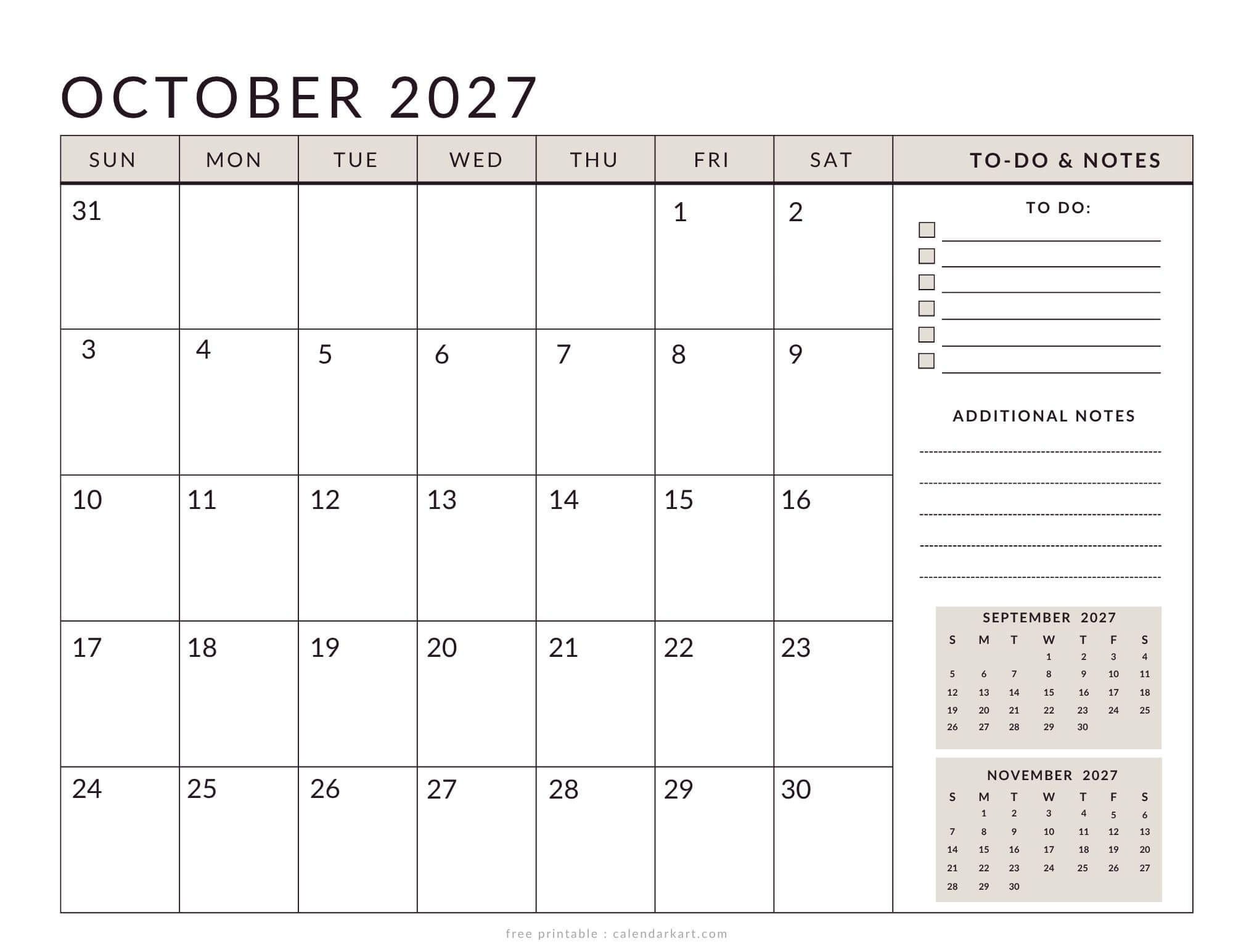 Printable October 2027 Calendar Planner Soft Pastel