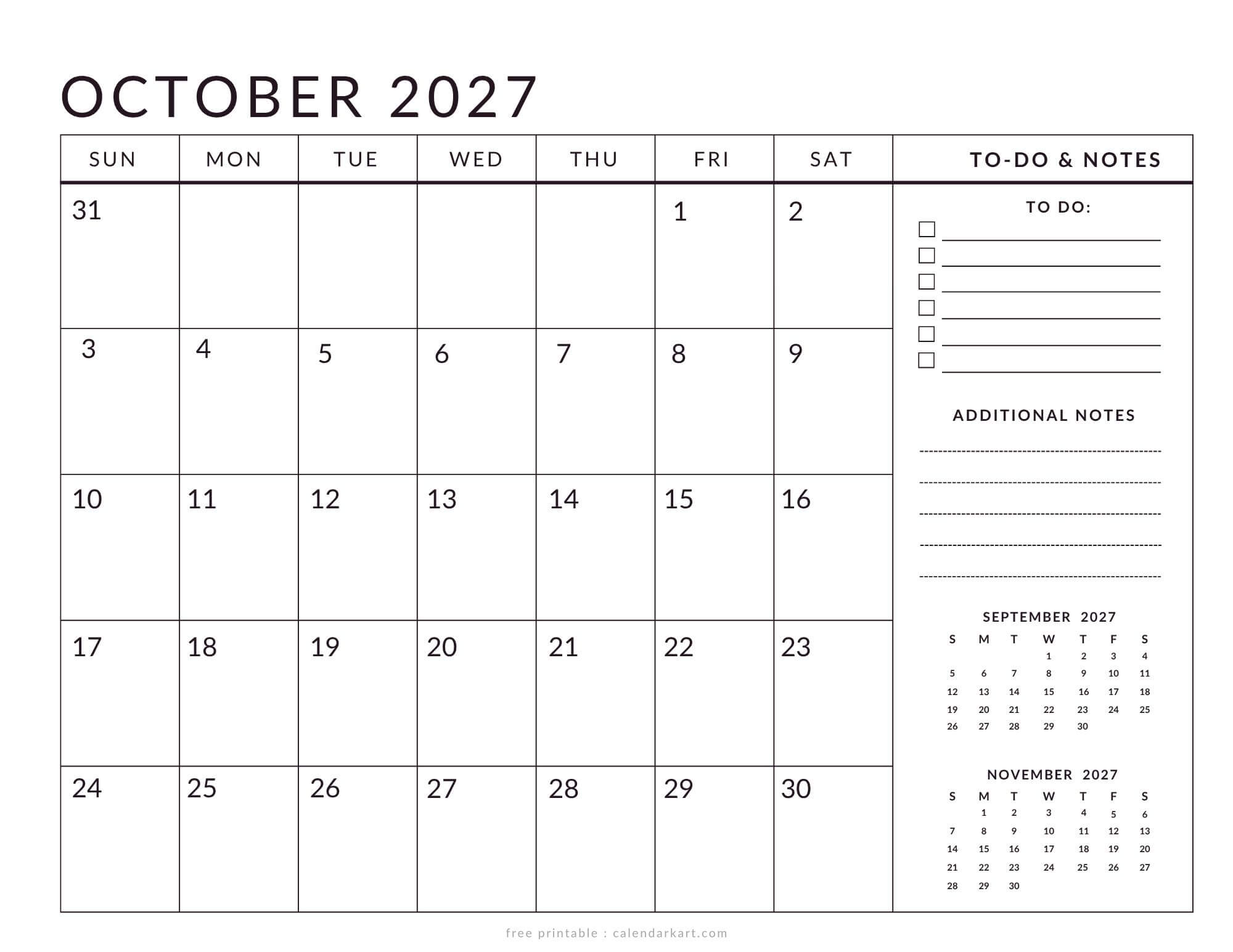 Printable October 2027 Calendar Planner