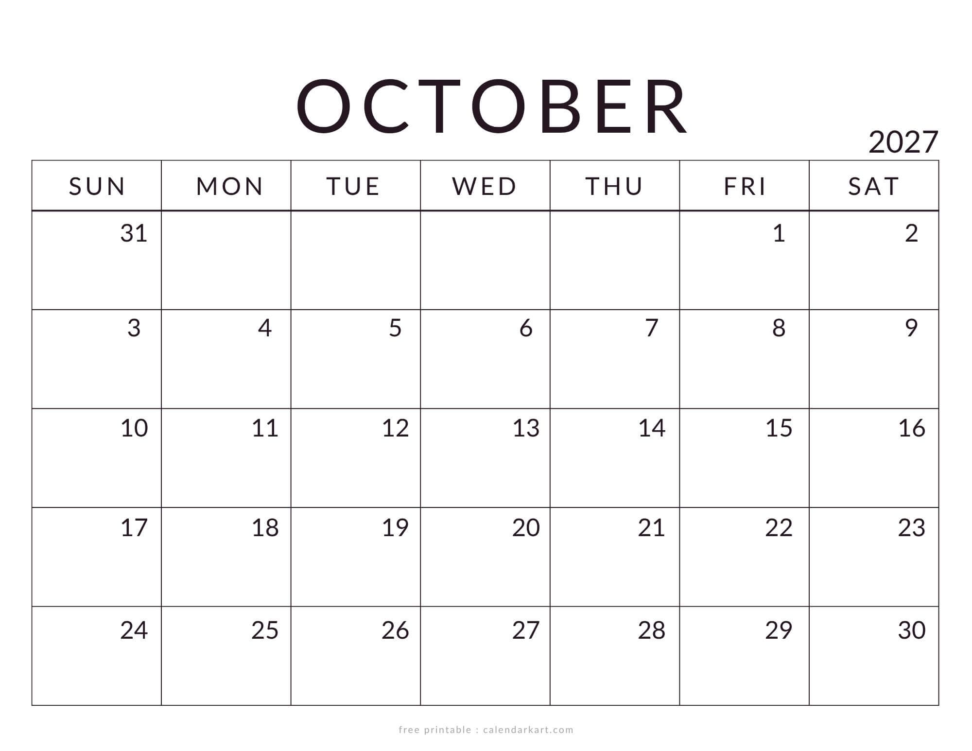 Printable October 2027 Calendar Standard