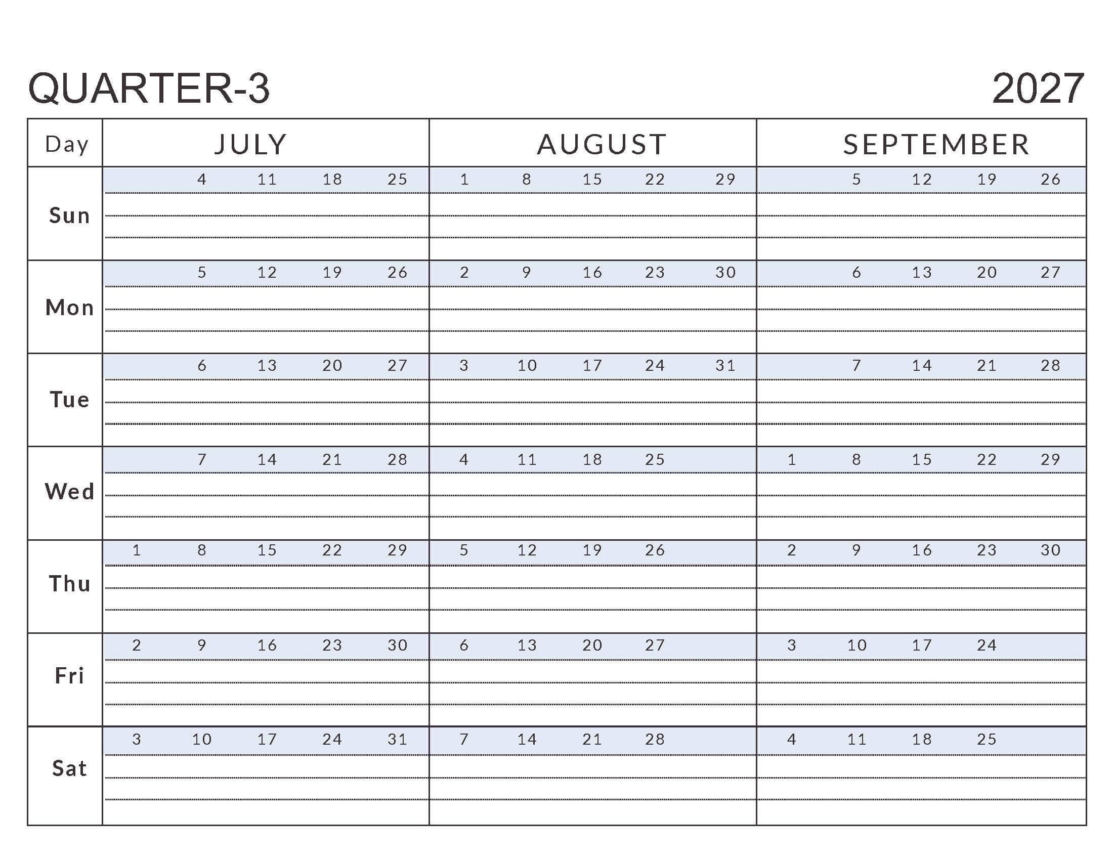 Printable Q3 Calendar Jul-Sep 2027 Soft Paste