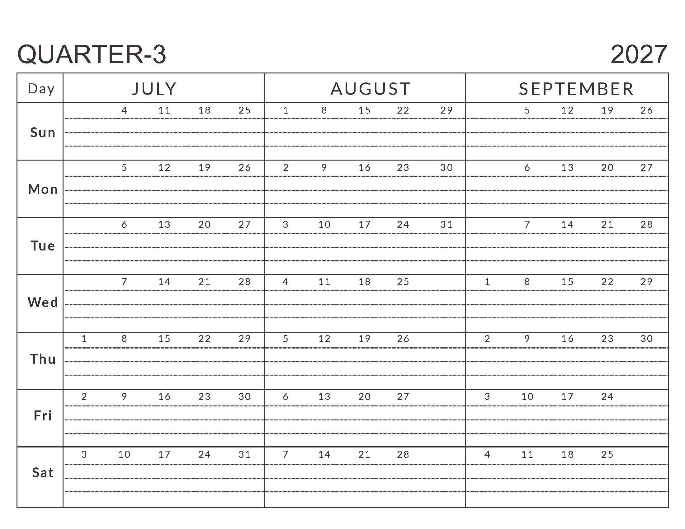 Printable Q3 Calendar Jul-Sep 2027