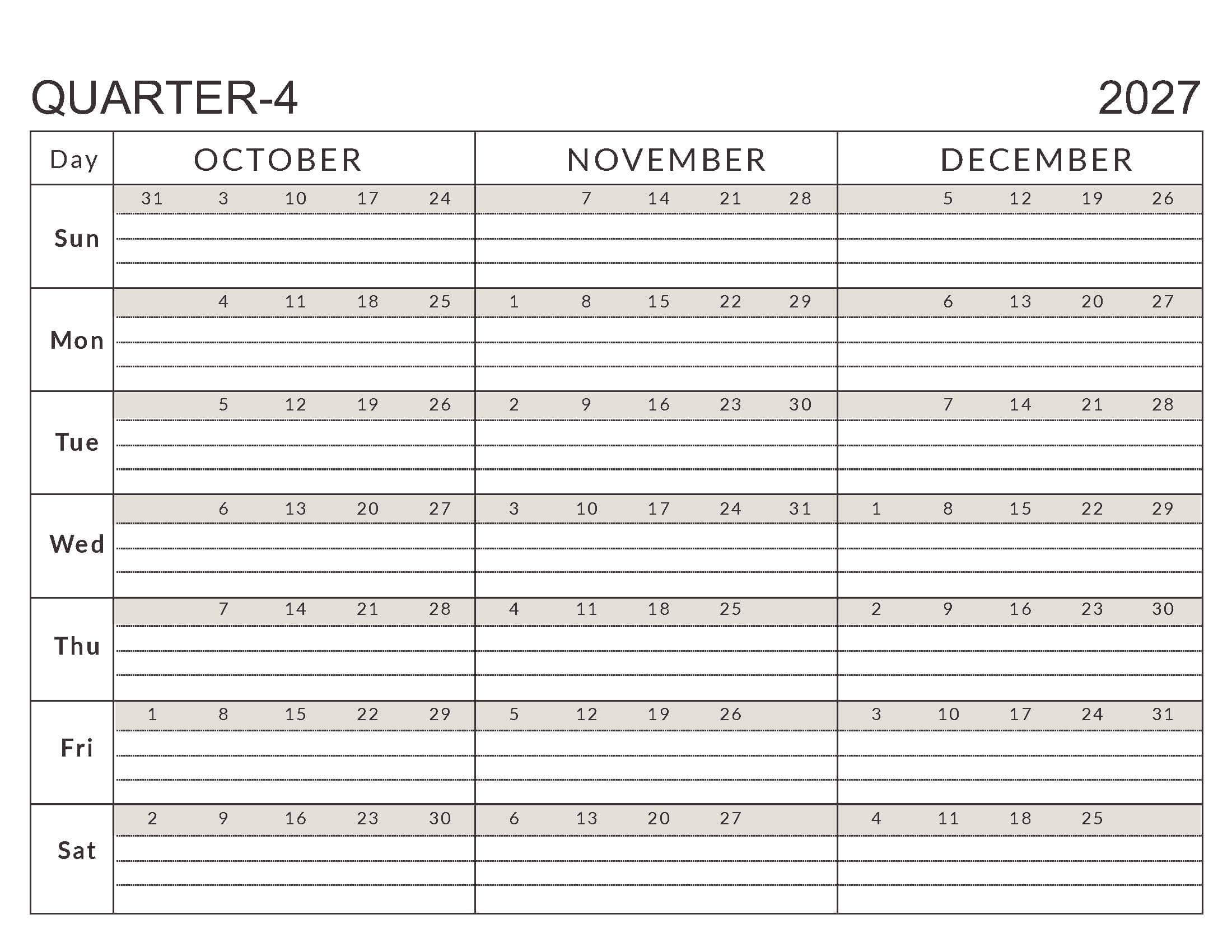 Printable Q4 Calendar Oct-Dec 2027 Soft Paste