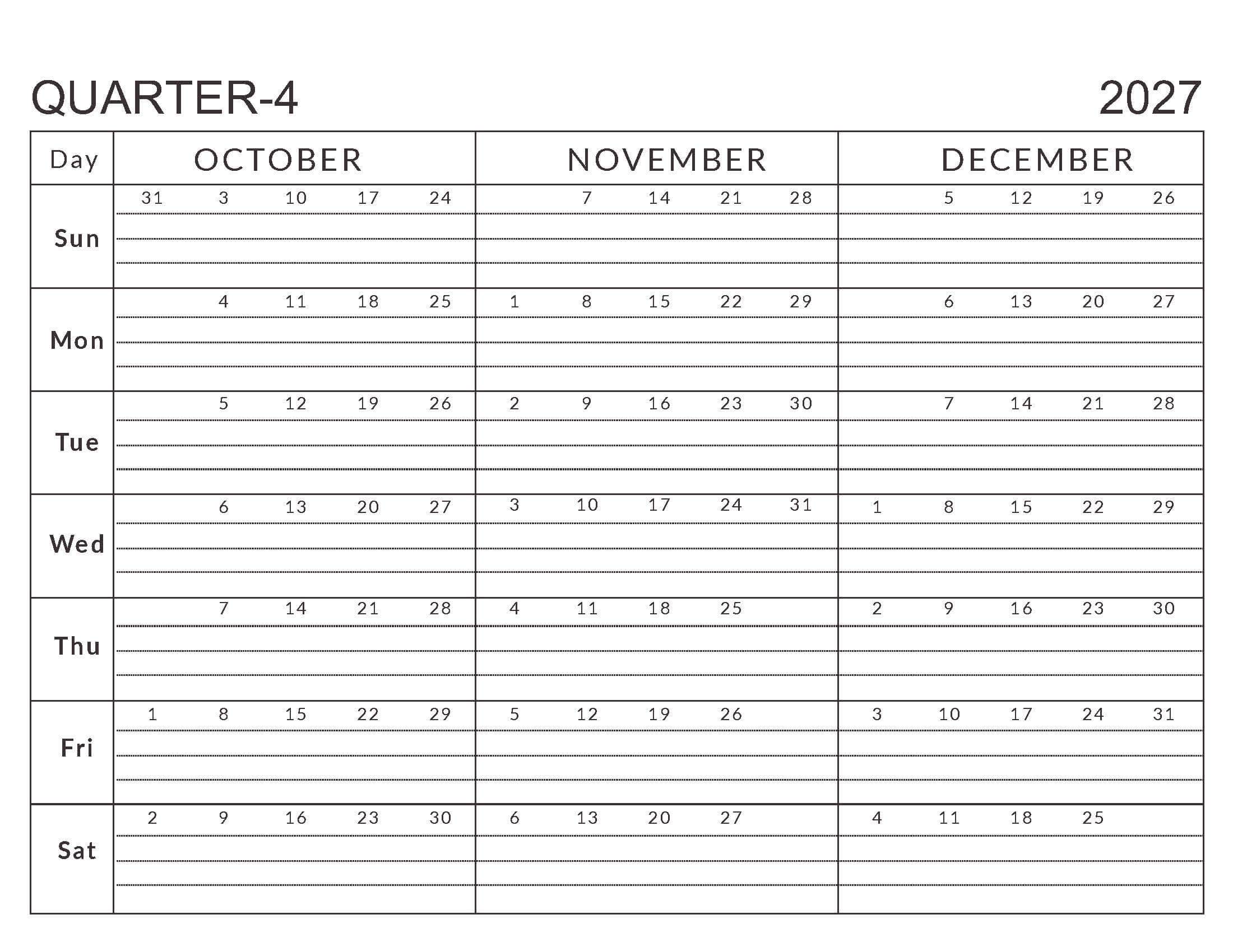 Printable Q4 Calendar Oct-Dec 2027