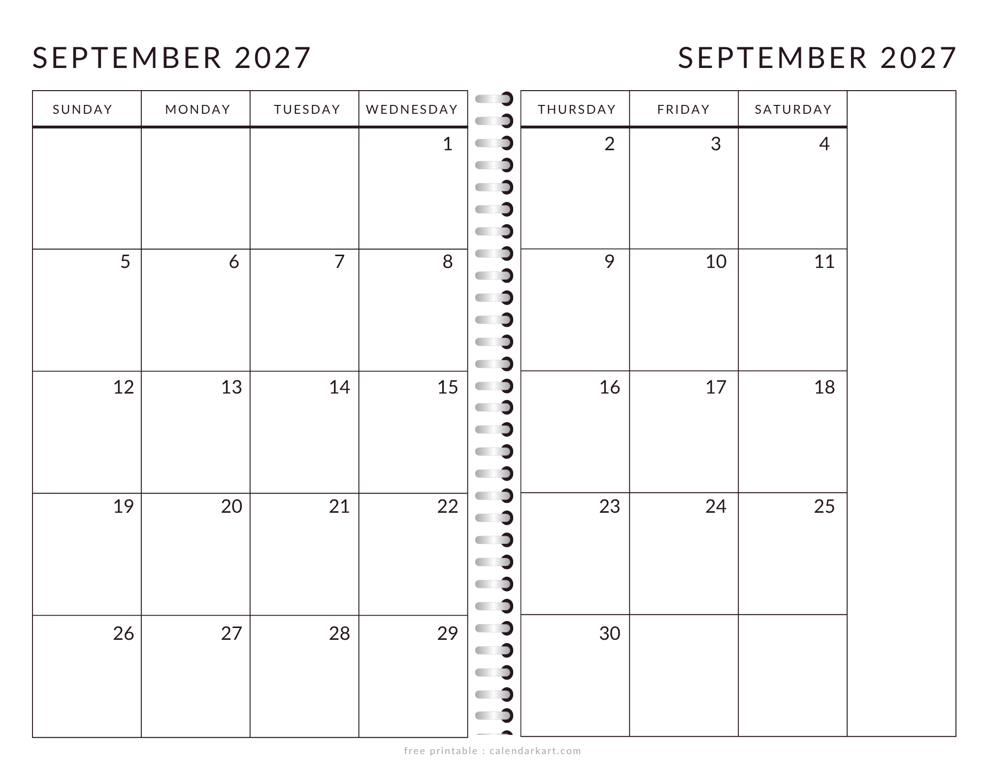 Printable September 2027 Calendar 2 Page Monthly