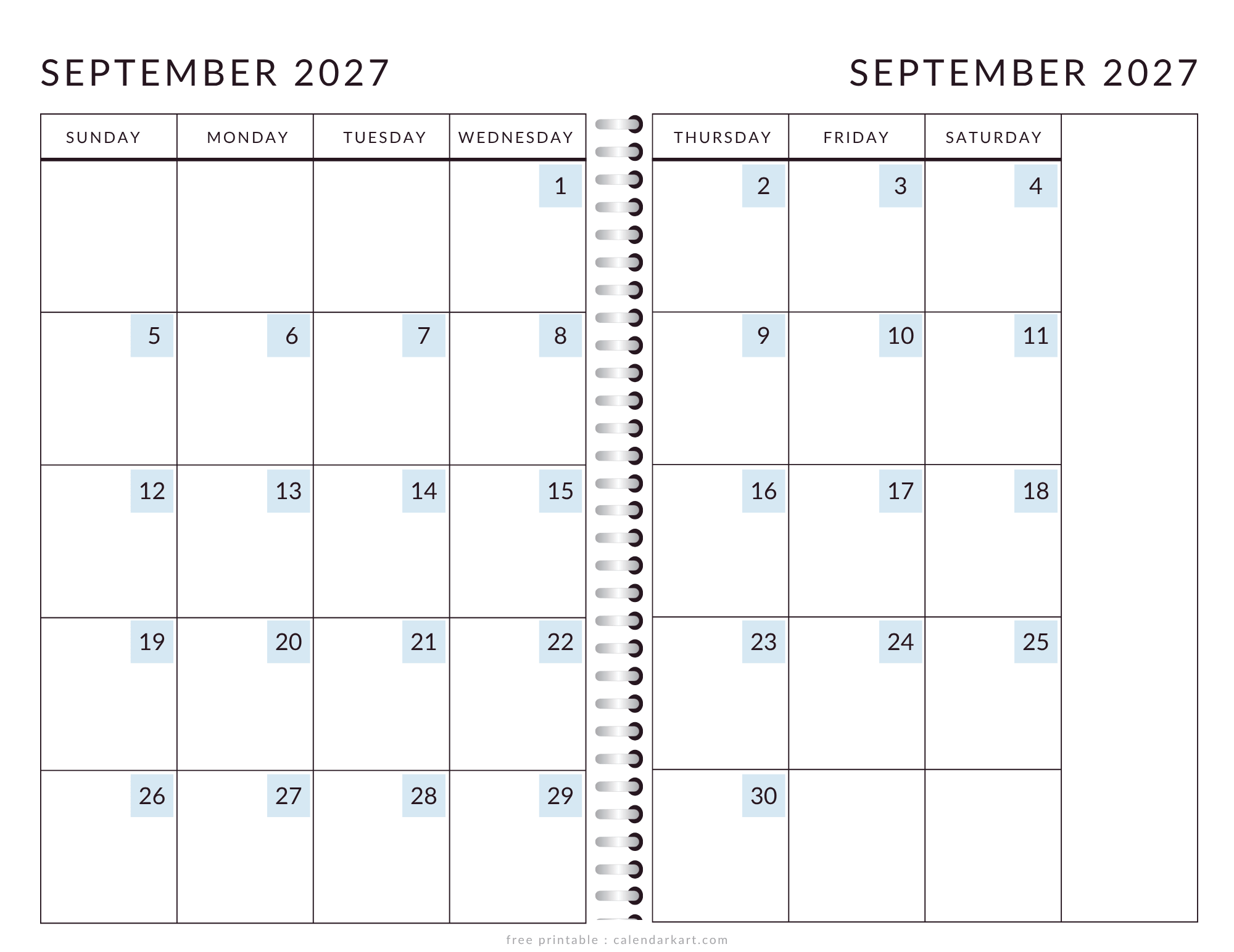 Printable September 2027 Calendar 2 Page Soft Pastel