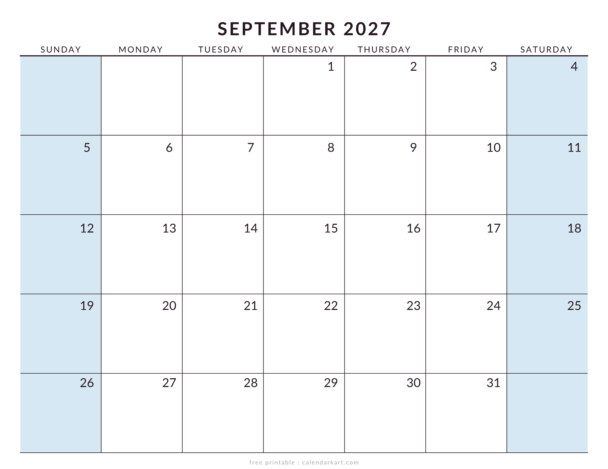 Printable September 2027 Calendar Large Size Soft Pastel