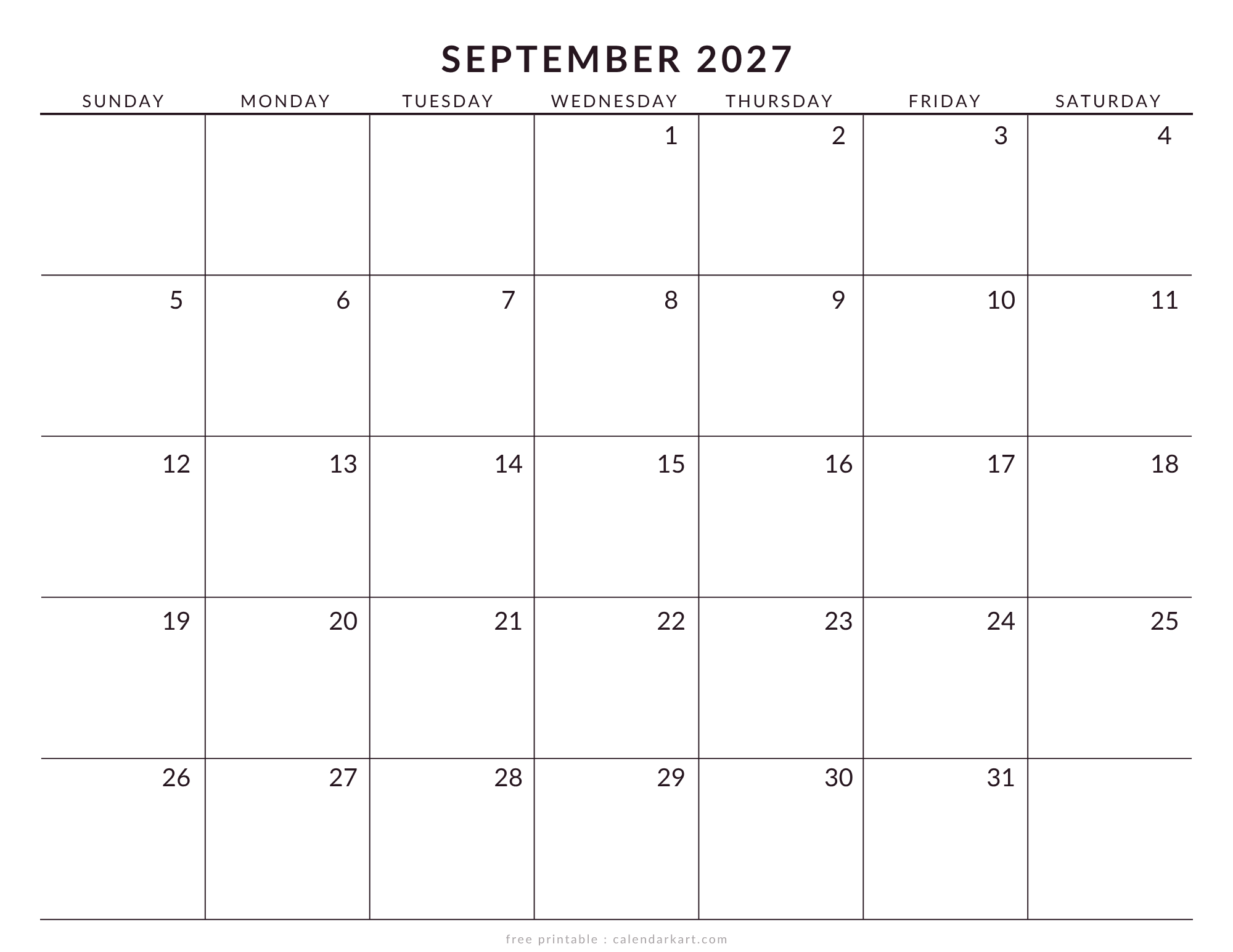 Printable September 2027 Calendar Large Size