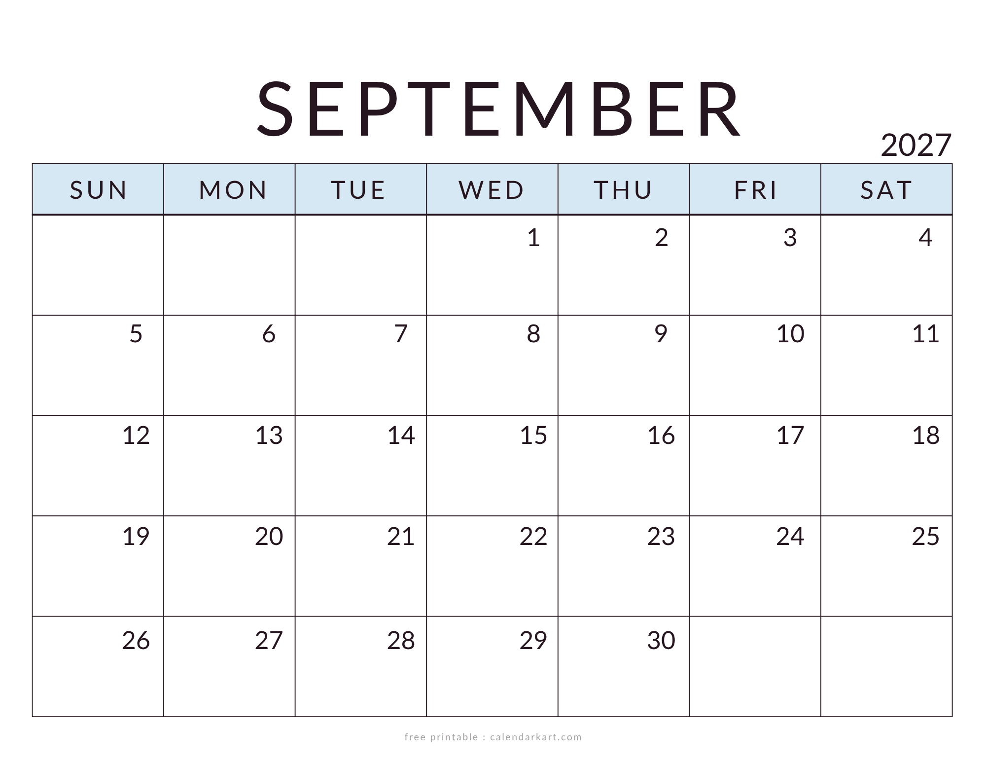 Printable September 2027 Calendar Minimal