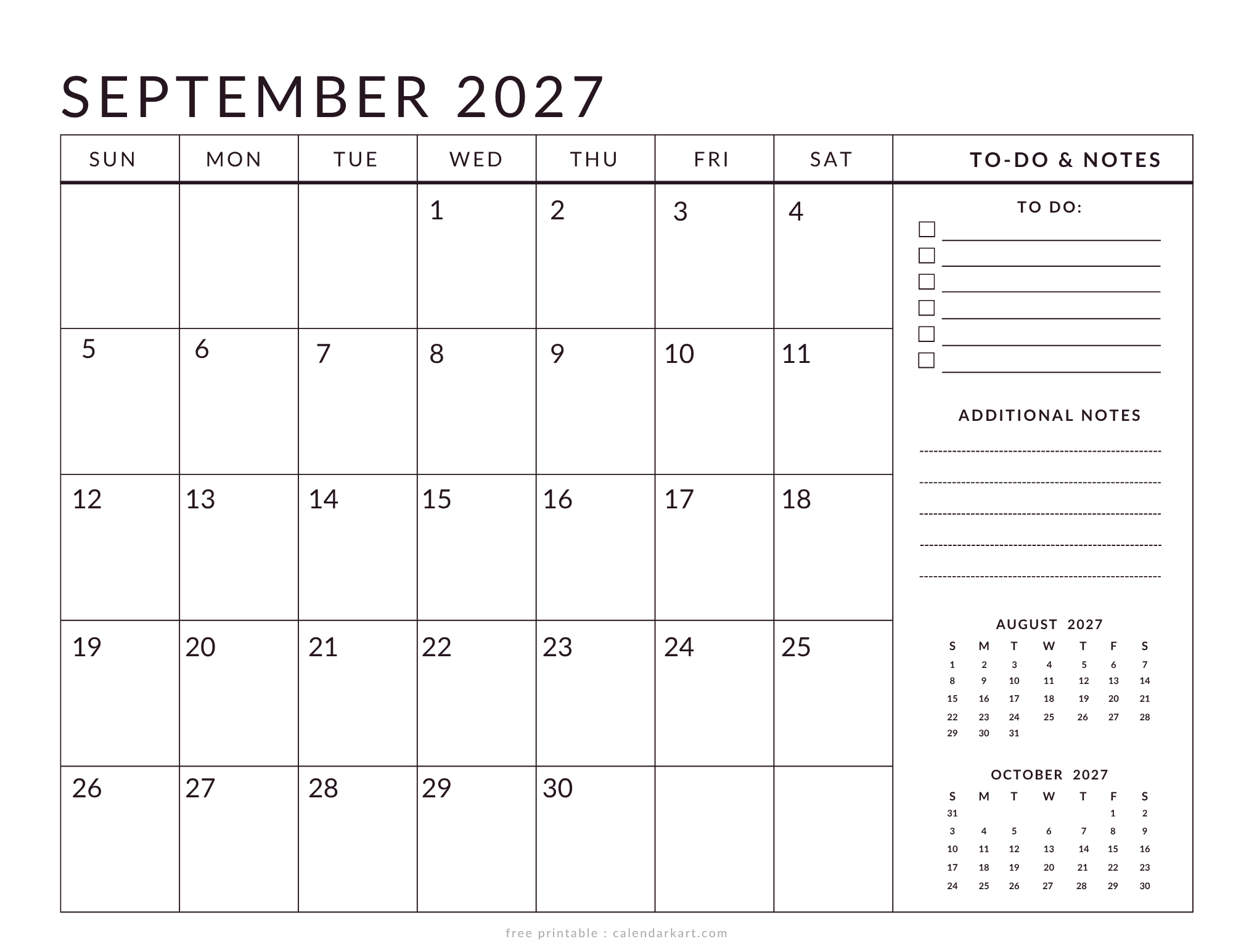 Printable September 2027 Calendar Planner