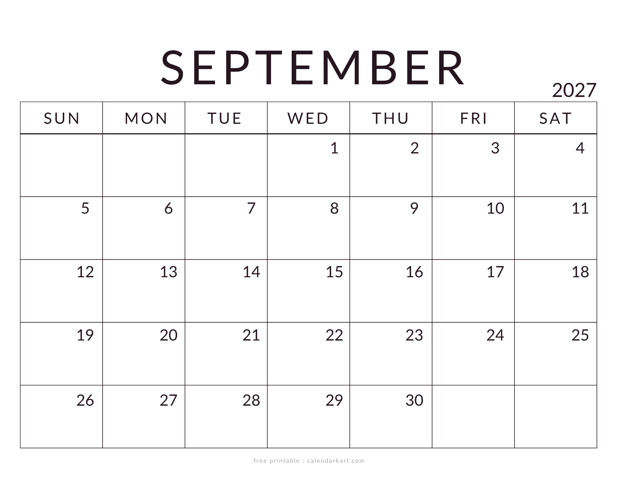 Printable September 2027 Calendar Standard