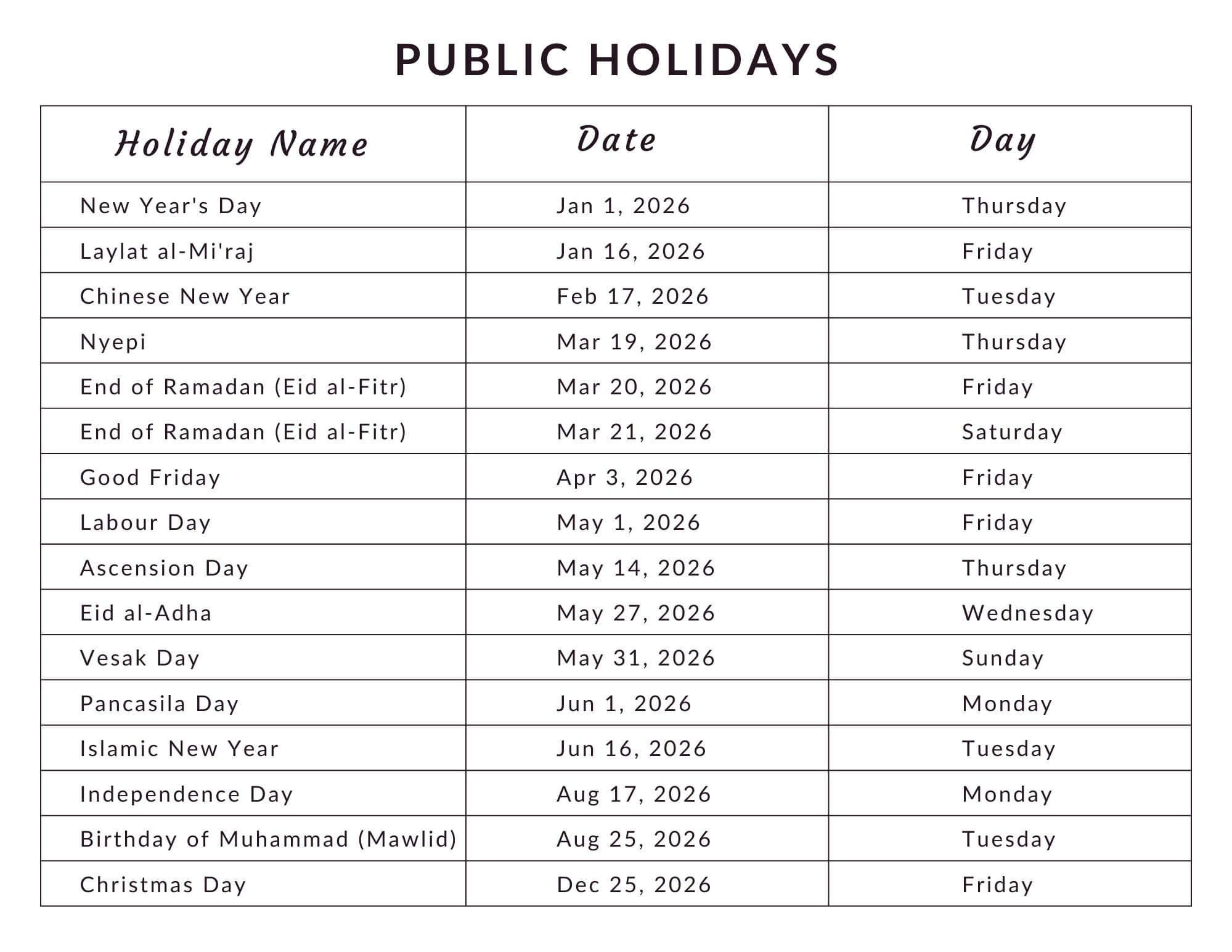 Public Holidays Indonesia 2026