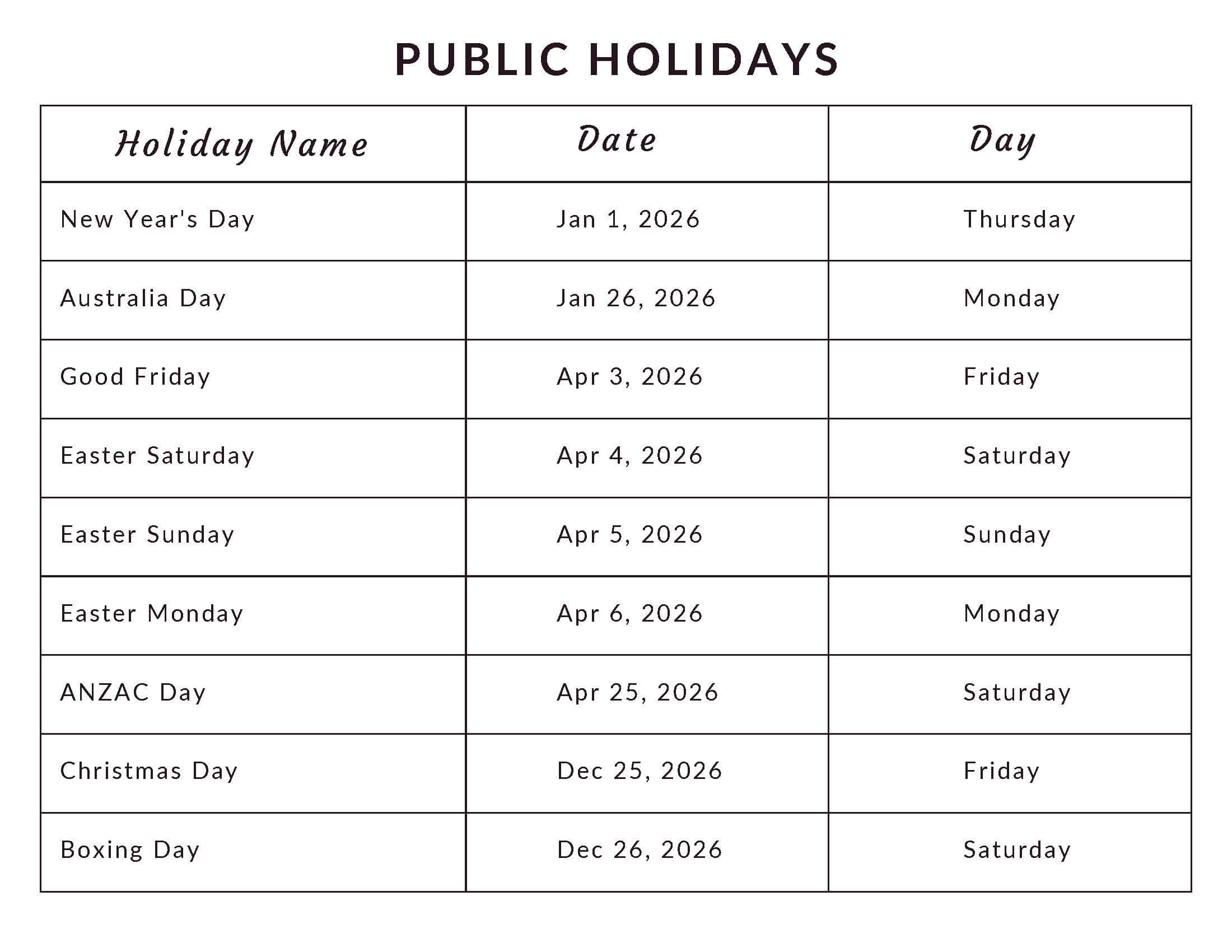 Public holidays Australia 2026