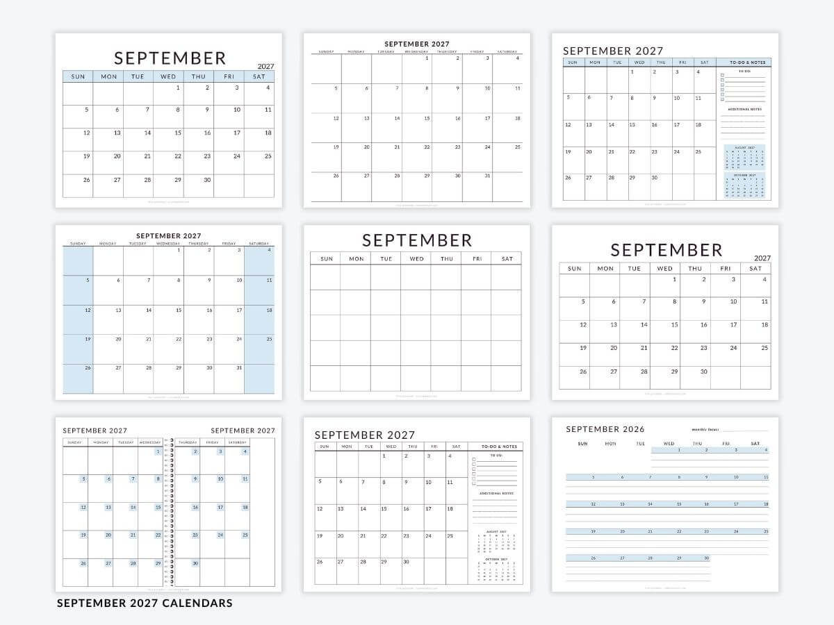 September 2027 Calendar Templates - Free Printable PDFs