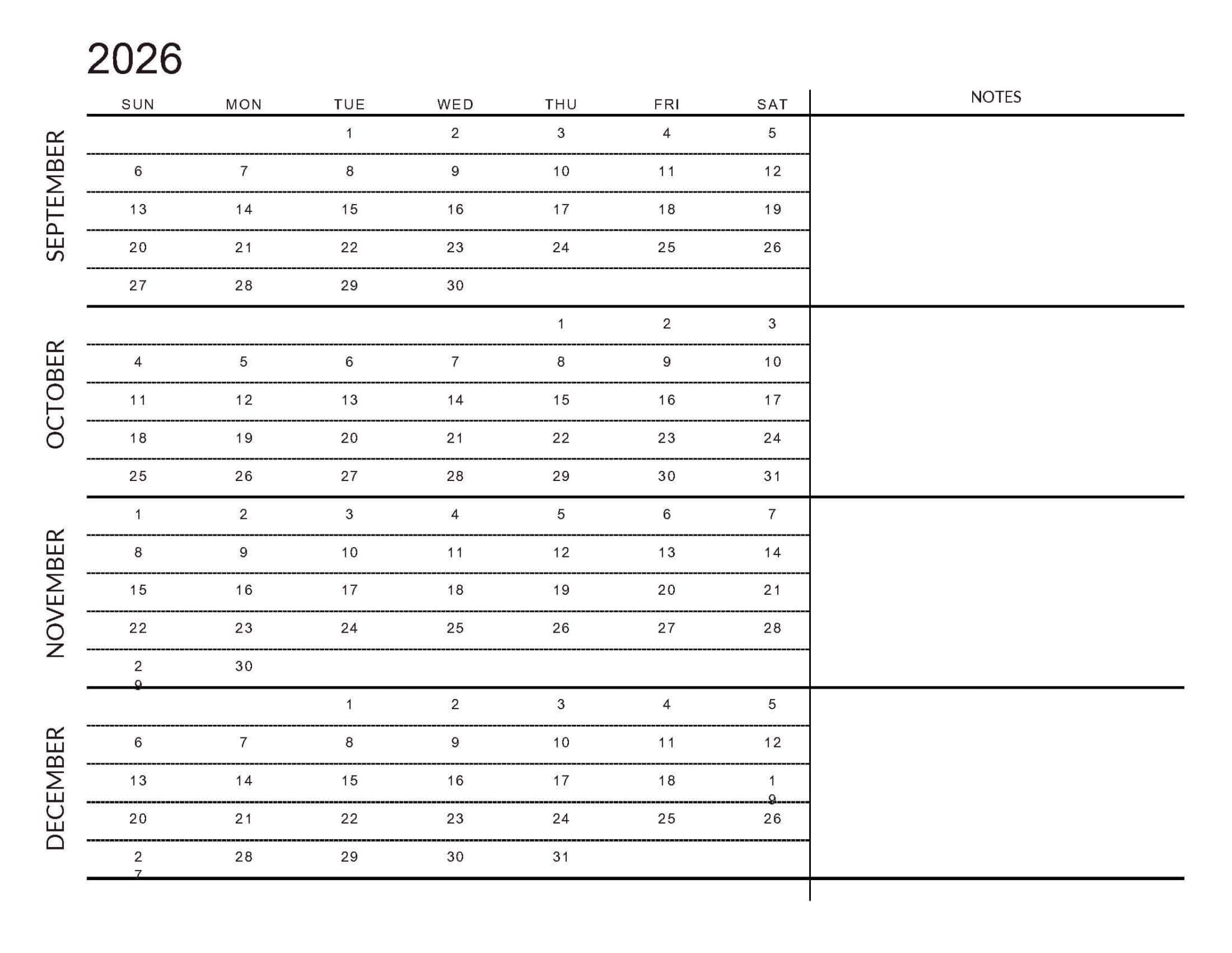September to December 2026 Calendars | Free Printable PDFs