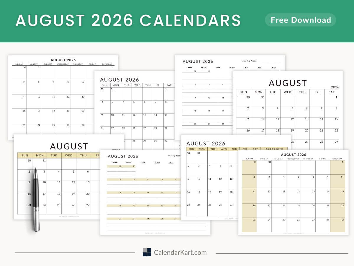 August 2026 Free Calendar Printable - Free PDFs