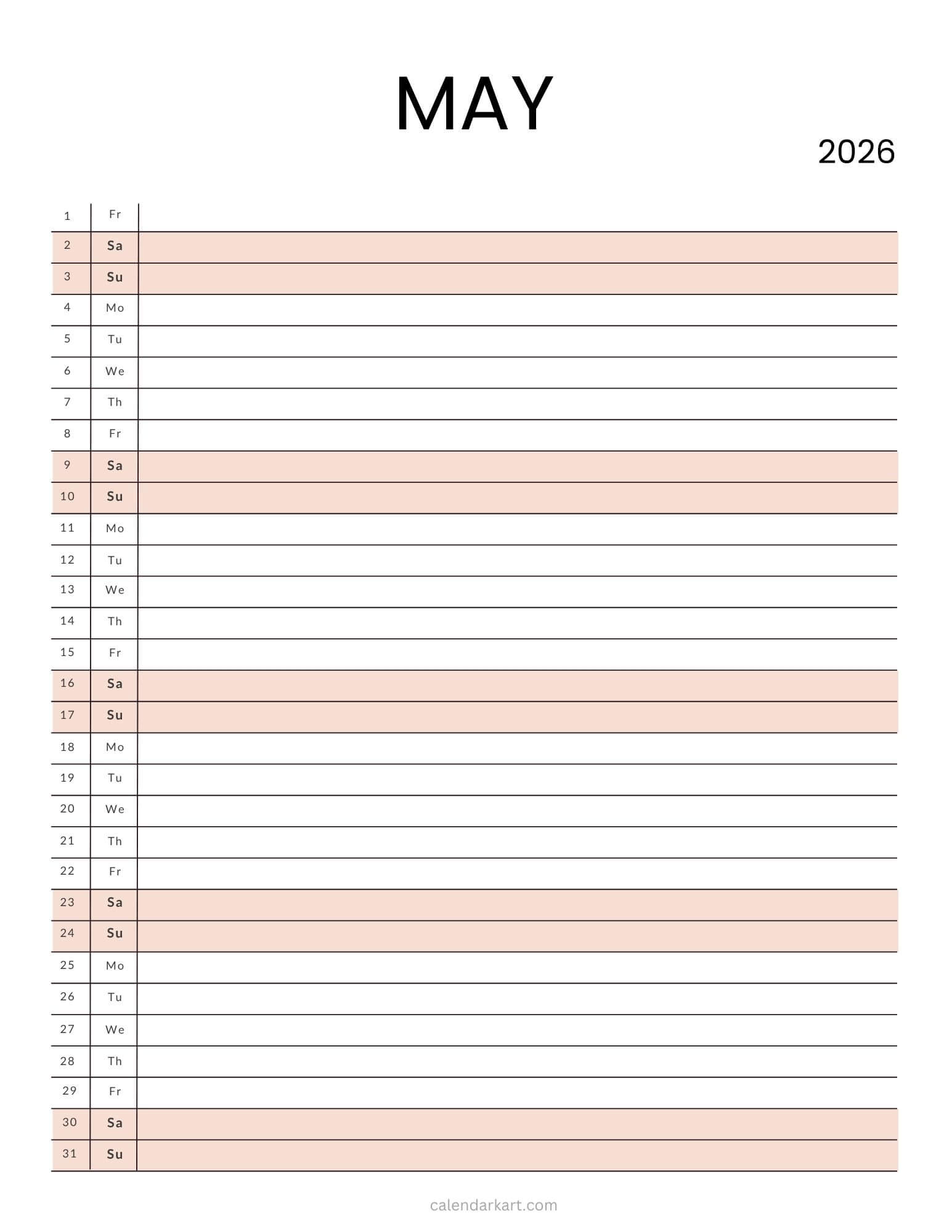 May 2026 Calendar List View Vertical (Soft Pastel)