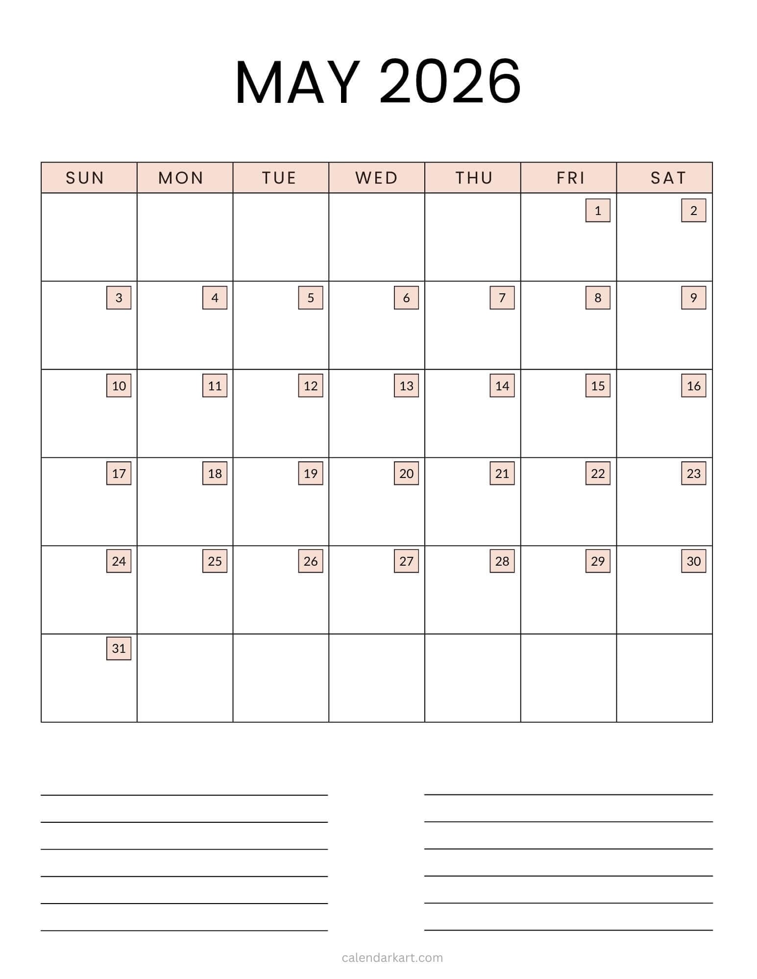 May 2026 Calendar with Notes Vertical (Soft Pastel)