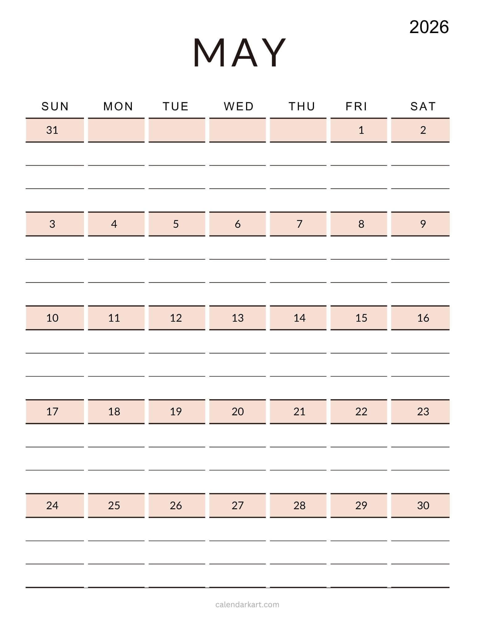 May 2026 Lined Calendar Vertical (Soft Pastel)