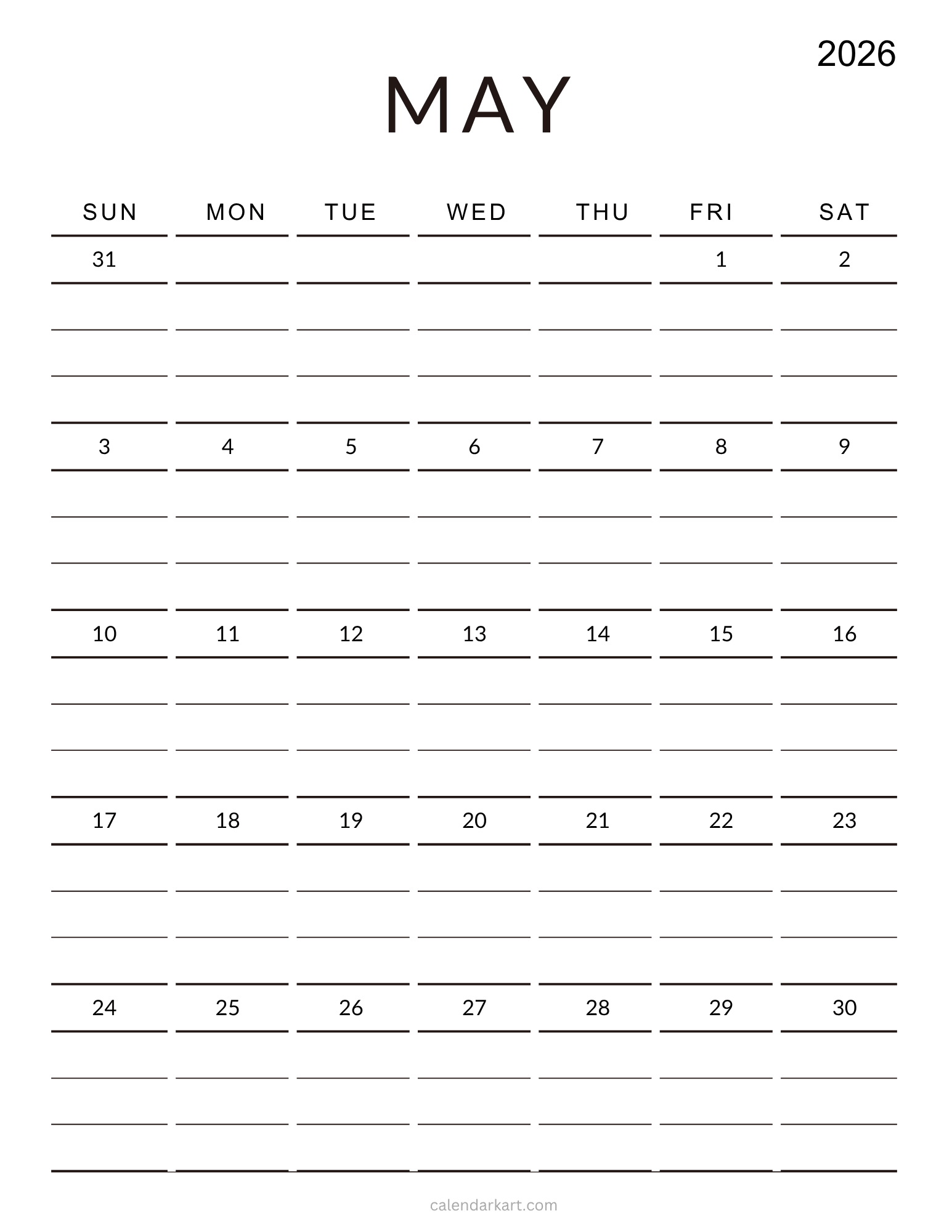 May 2026 Lined Calendar Vertical