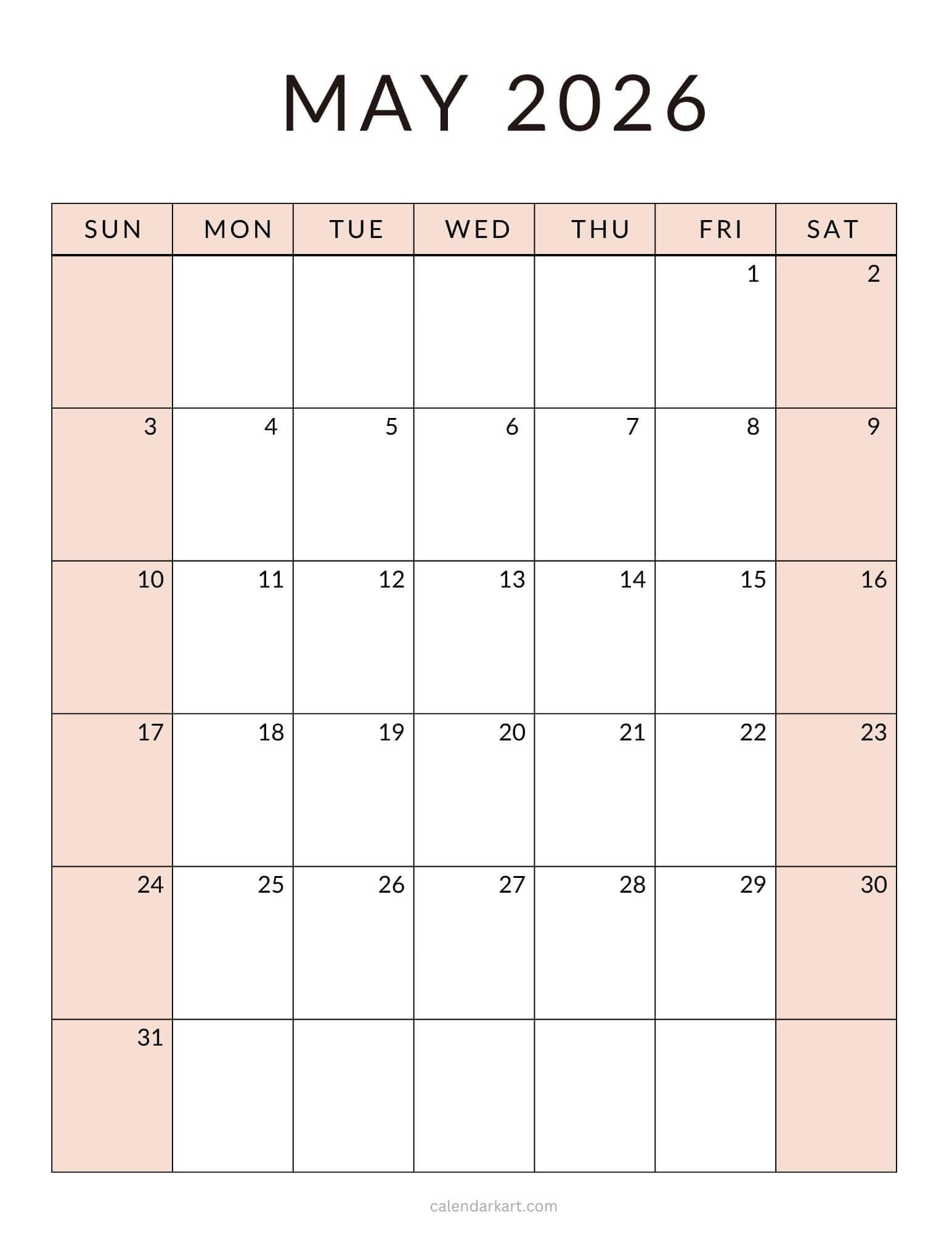 May 2026 Standard Calendar Vertical (Soft Pastel)