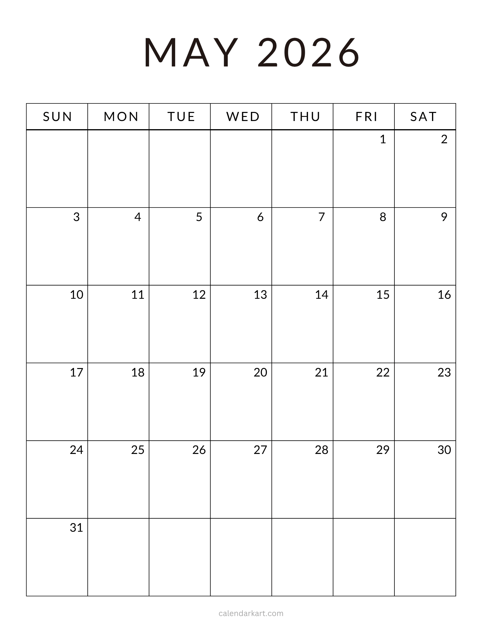 May 2026 Standard Calendar Vertical
