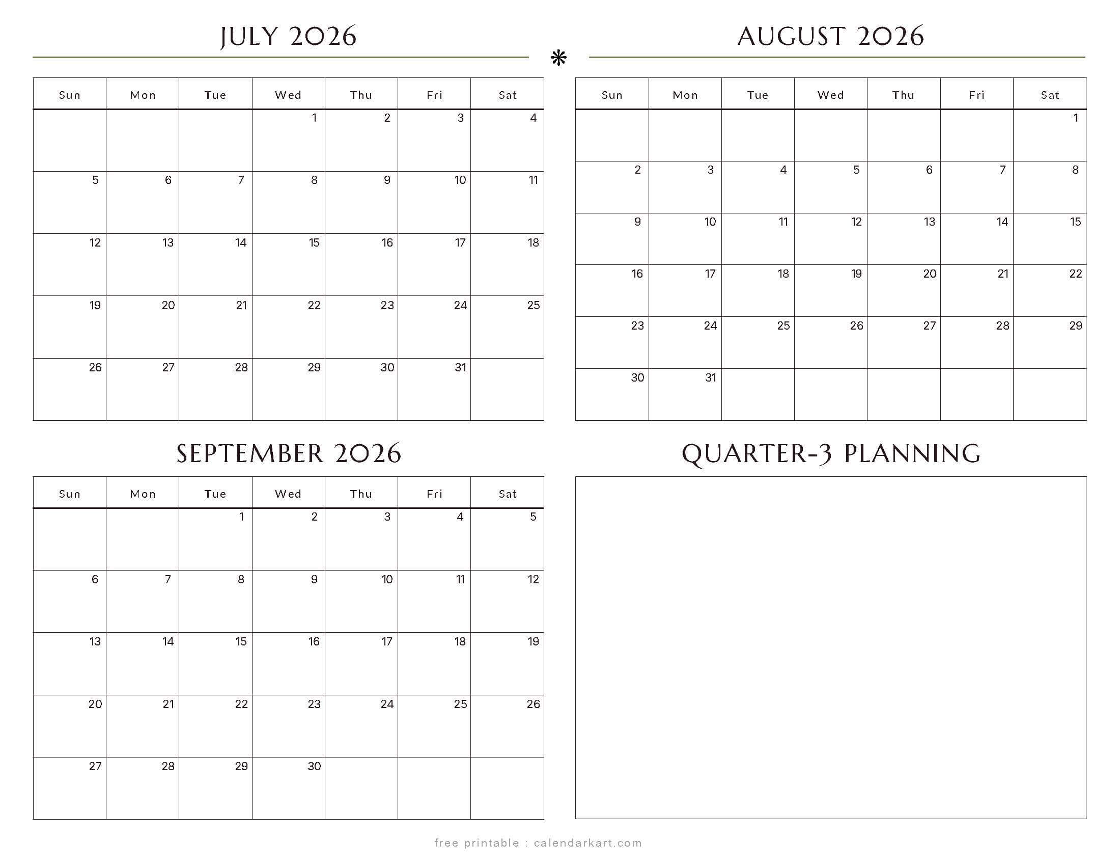 Free July-September 2026 Quarterly Calendar 1