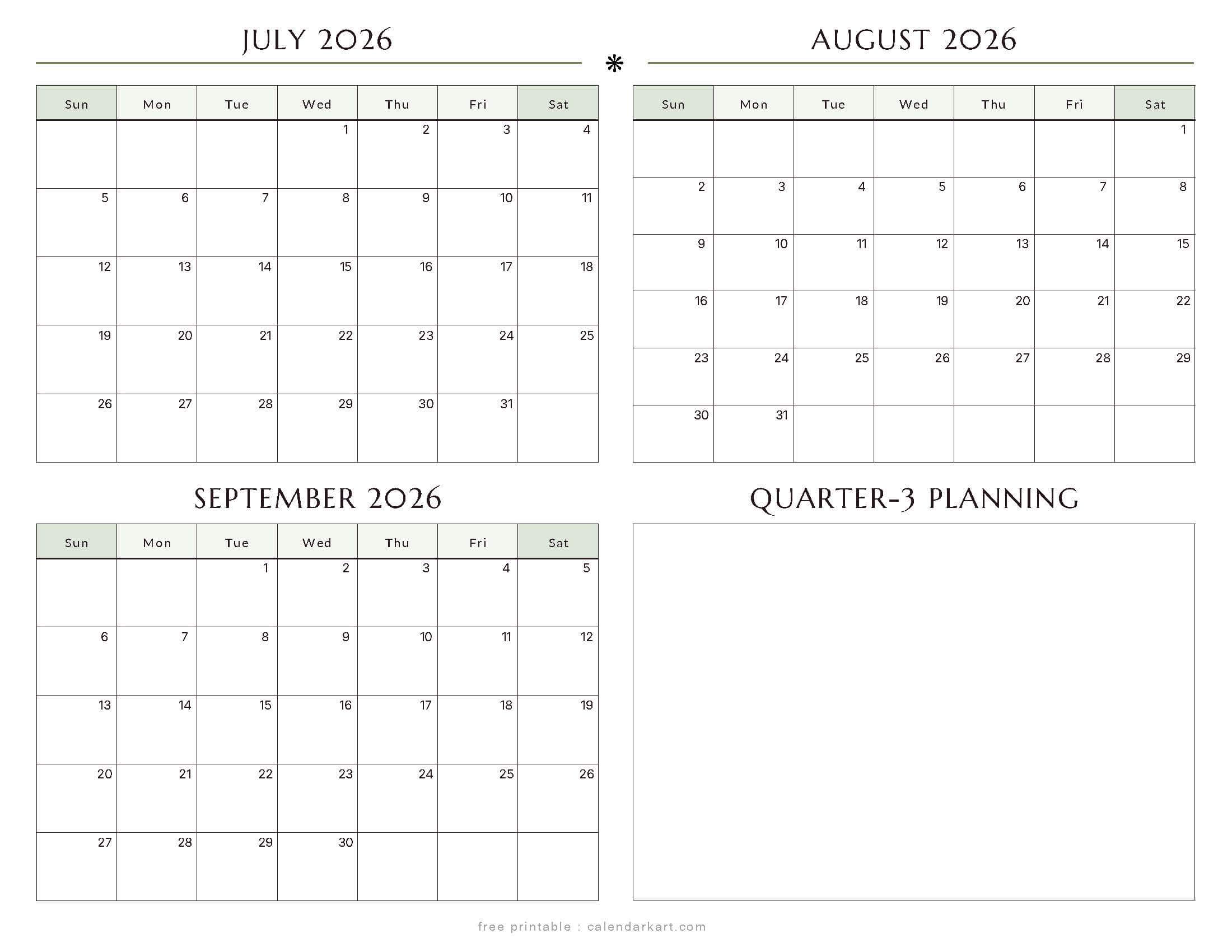 Free July-September 2026 Quarterly Calendar 2