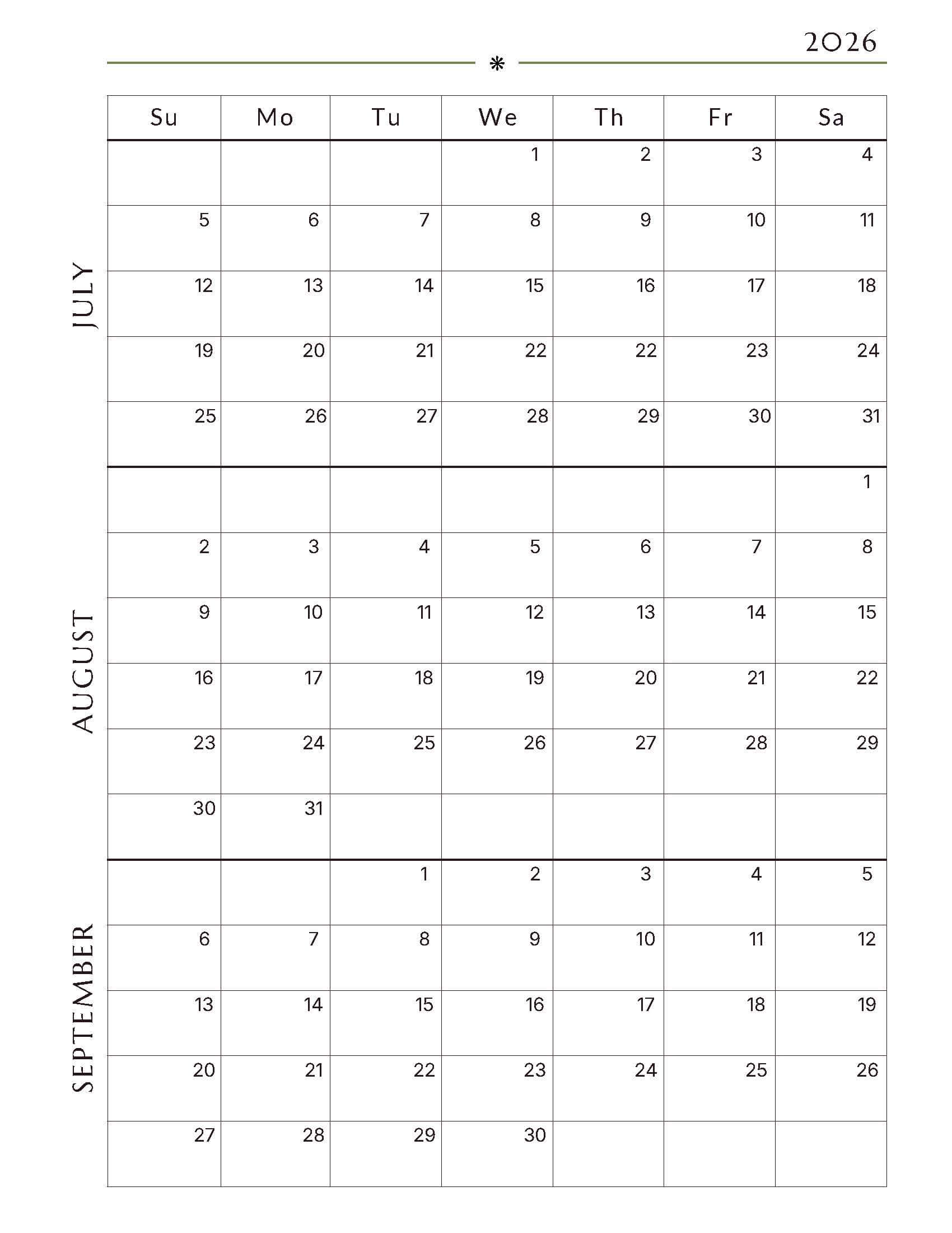 Free July-September 2026 Quarterly Calendar 3