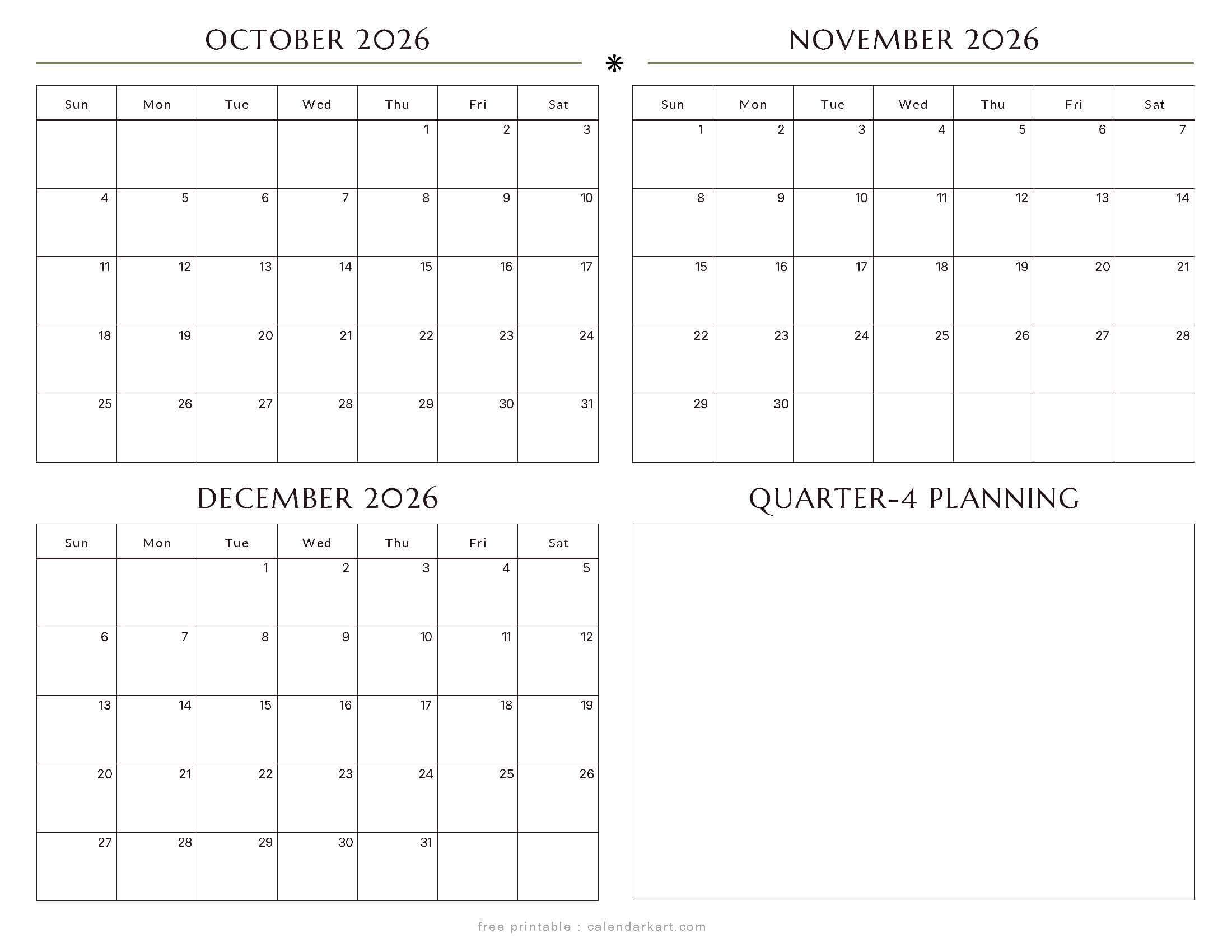Free October-December 2026 Quarterly Calendar 1