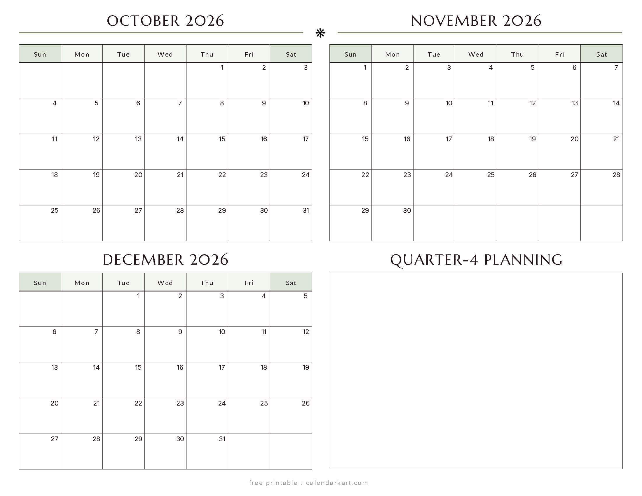 Free October-December 2026 Quarterly Calendar 2