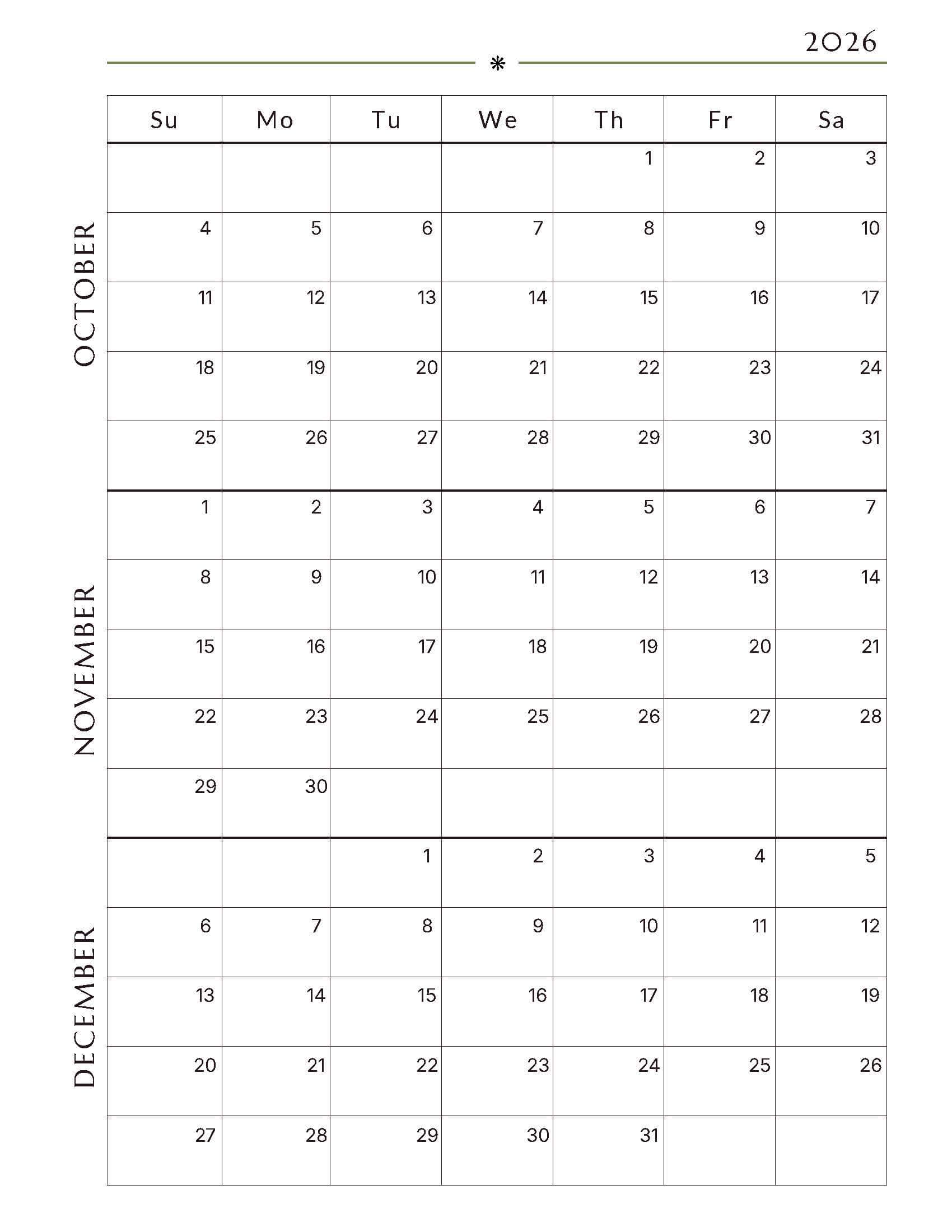 Free October-December 2026 Quarterly Calendar 3