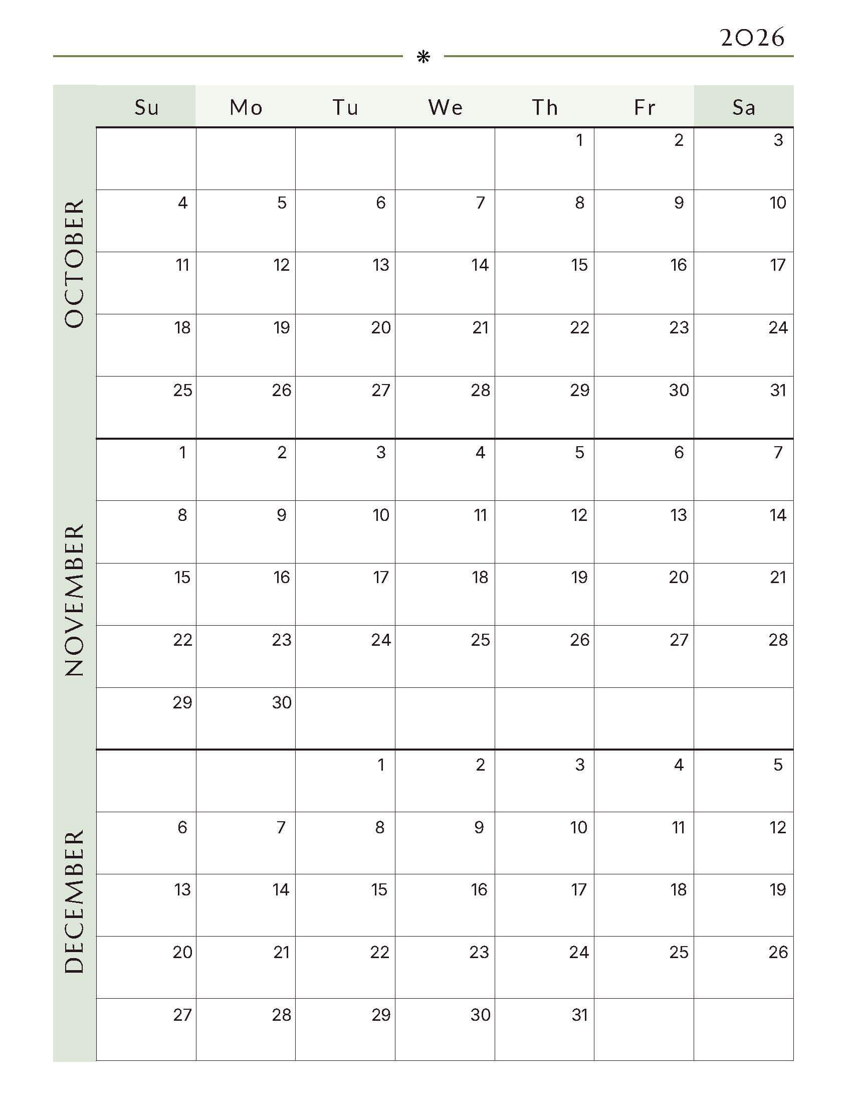 Free October-December 2026 Quarterly Calendar 4