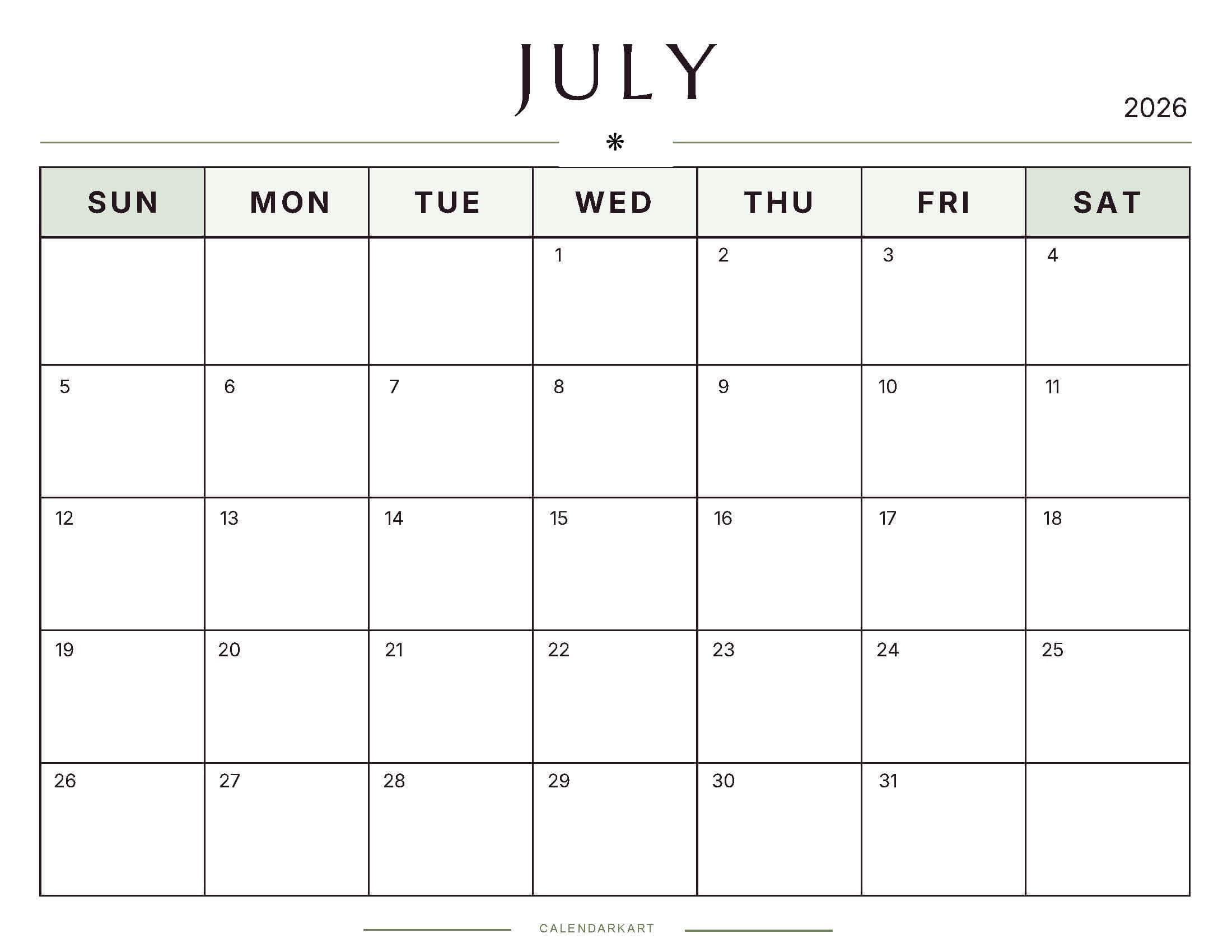 Free Printable July 2026 Monthly Calendar 1