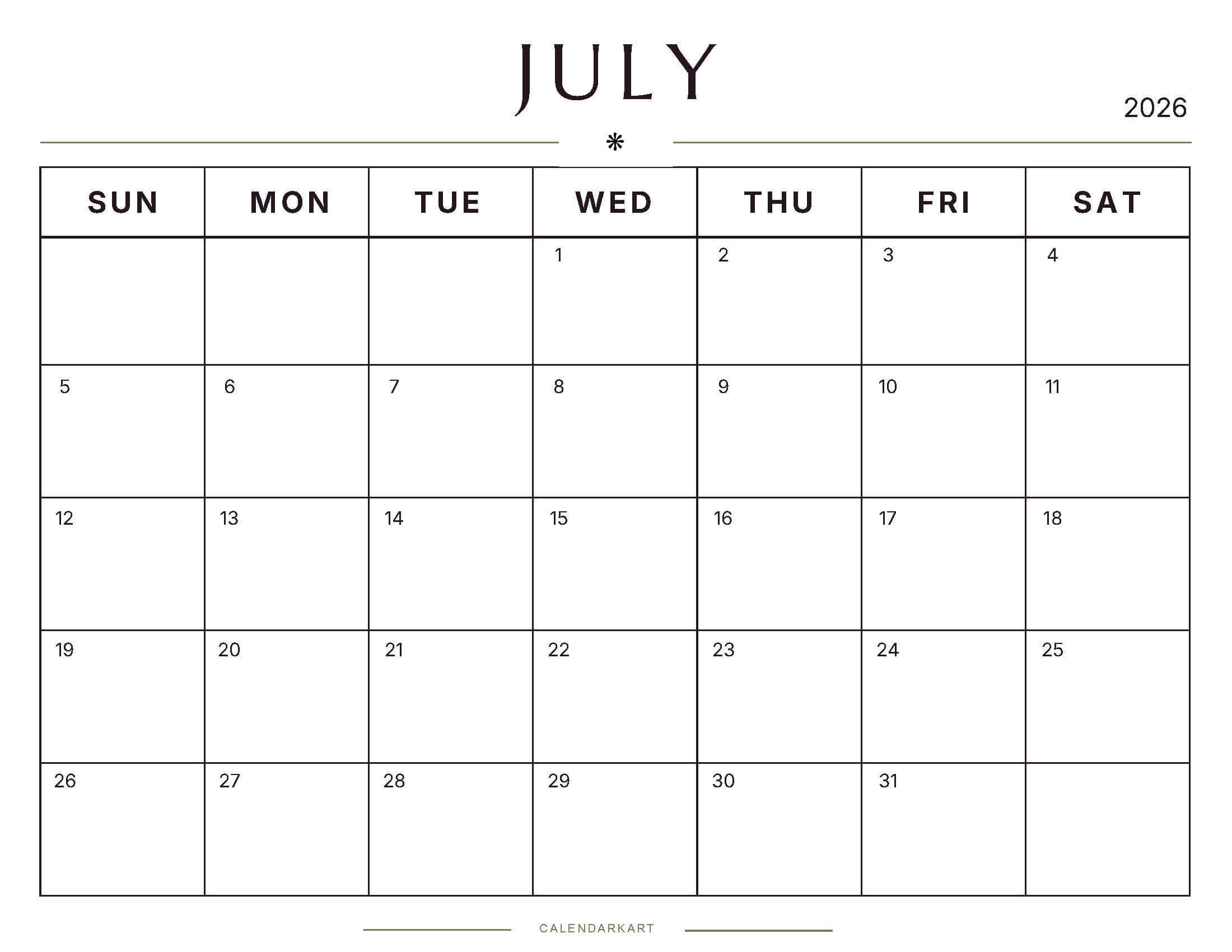Free Printable July 2026 Monthly Calendar 2