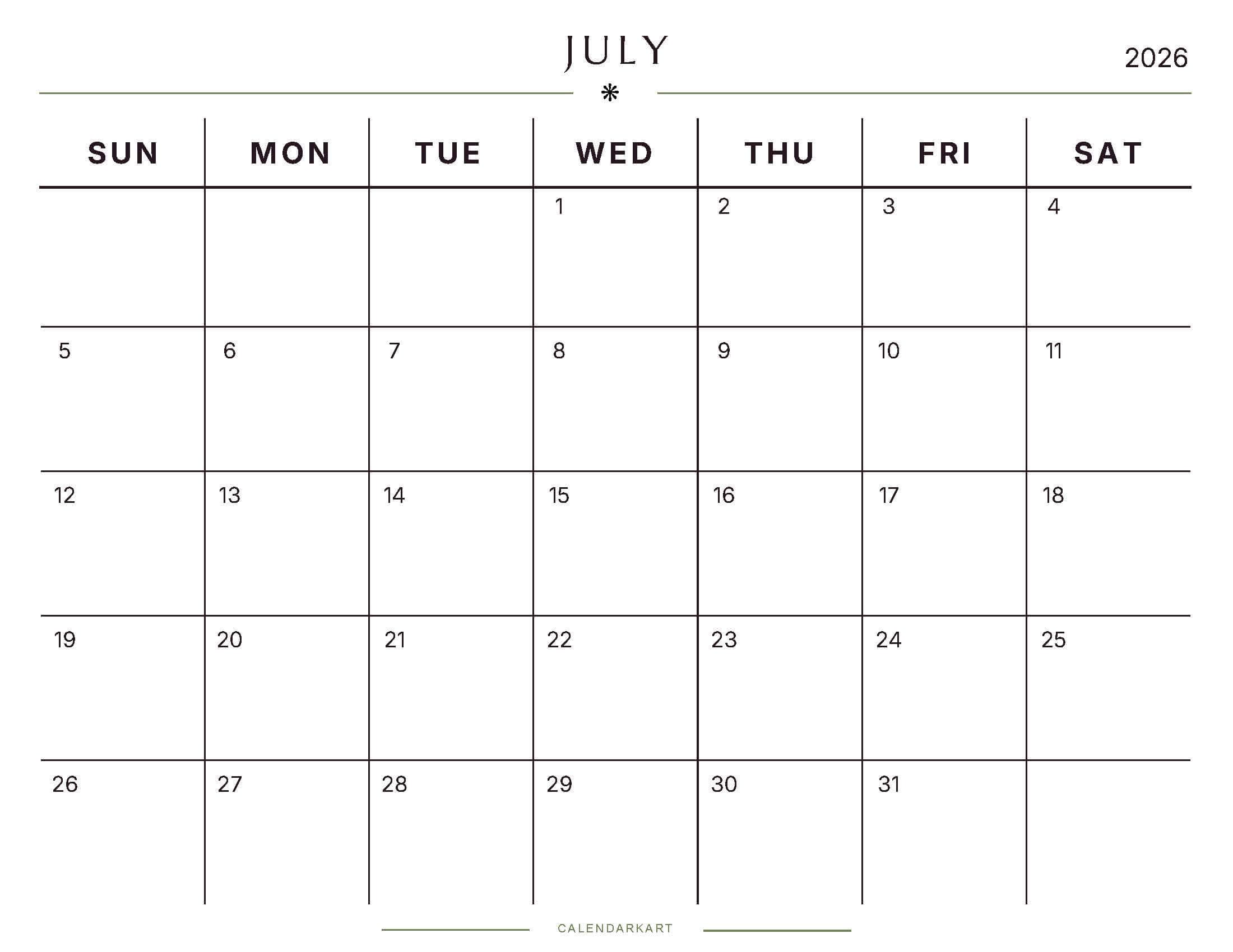 Free Printable July 2026 Monthly Calendar 3