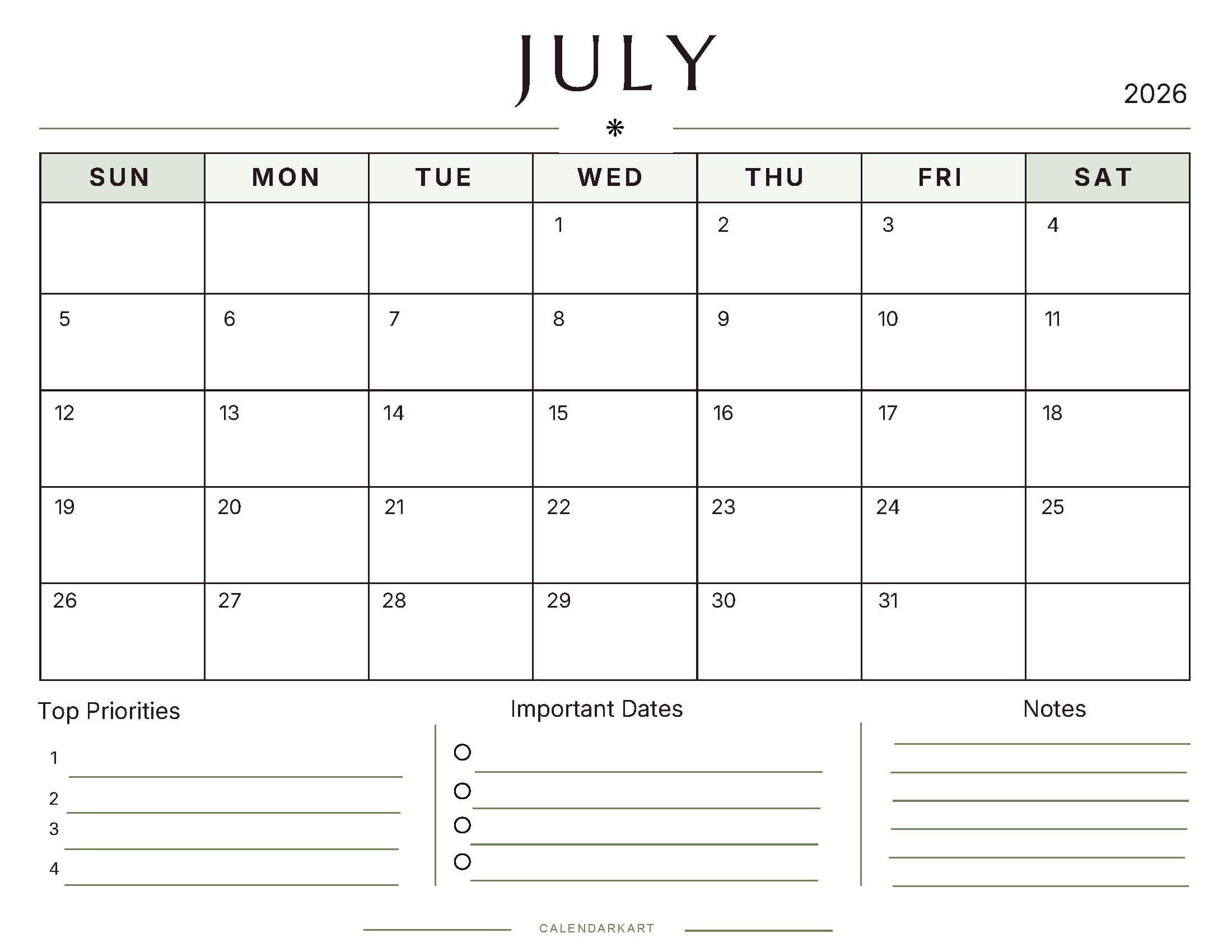 Free Printable July 2026 Monthly Calendar 4