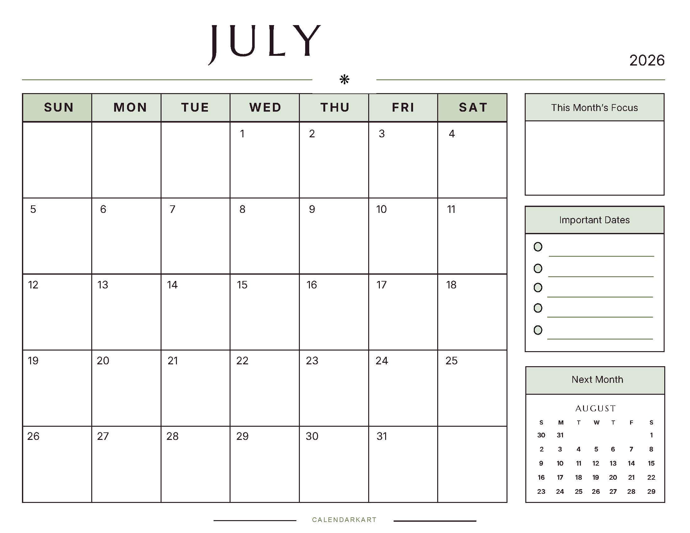 Free Printable July 2026 Monthly Calendar 6