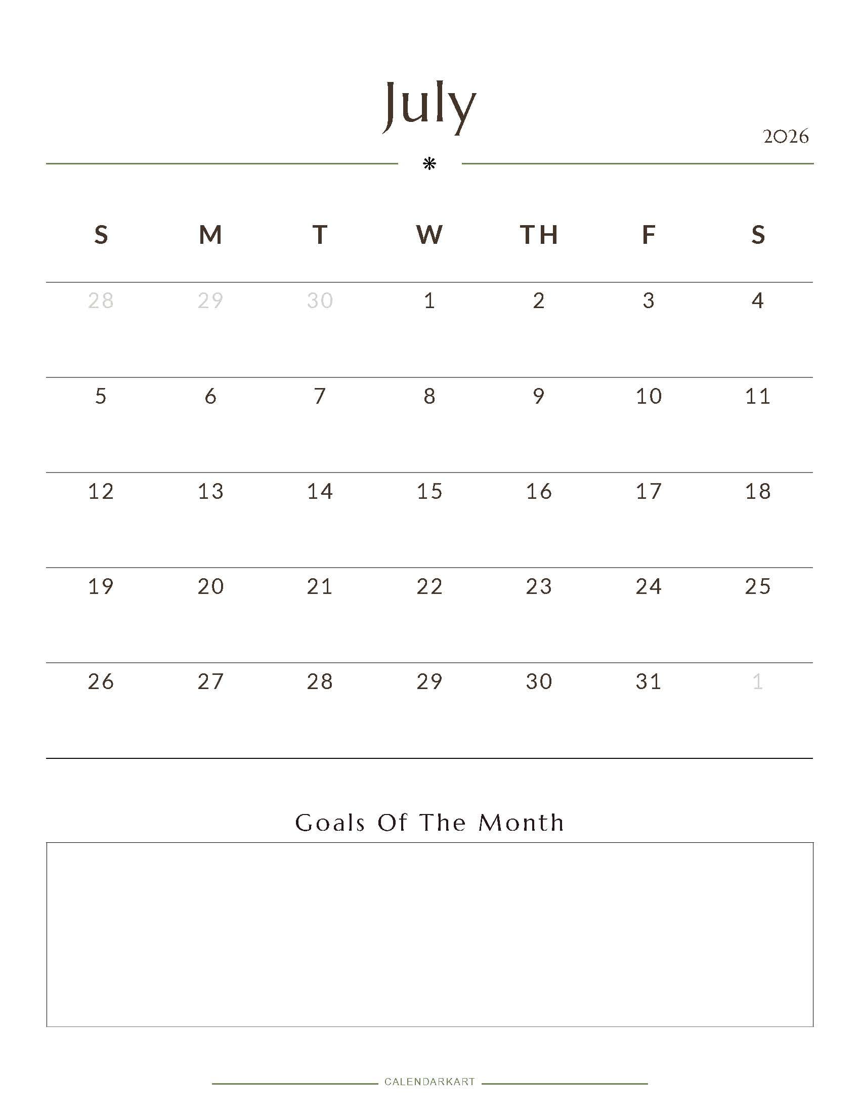 Free Printable July 2026 Monthly Calendar 7