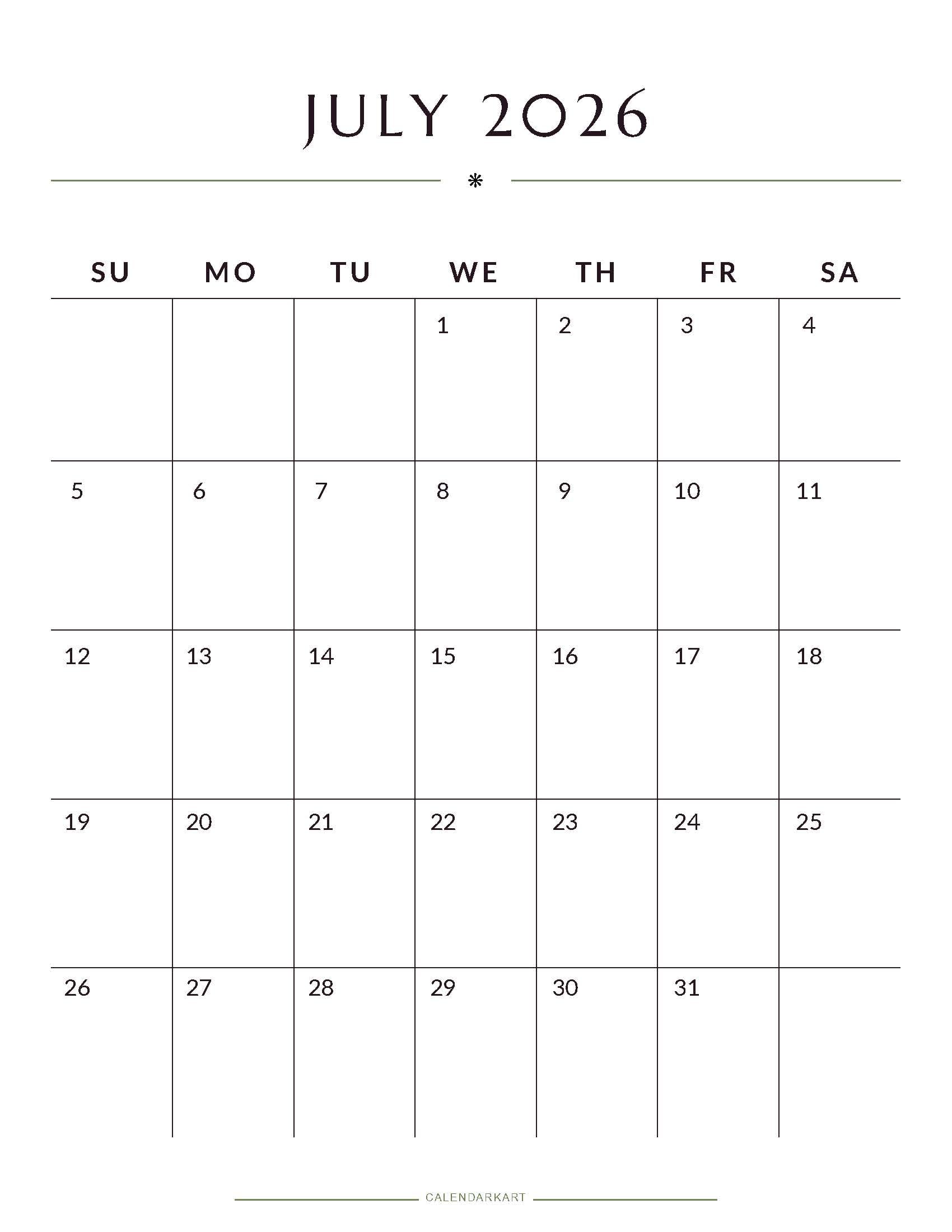 Free Printable July 2026 Monthly Calendar 8
