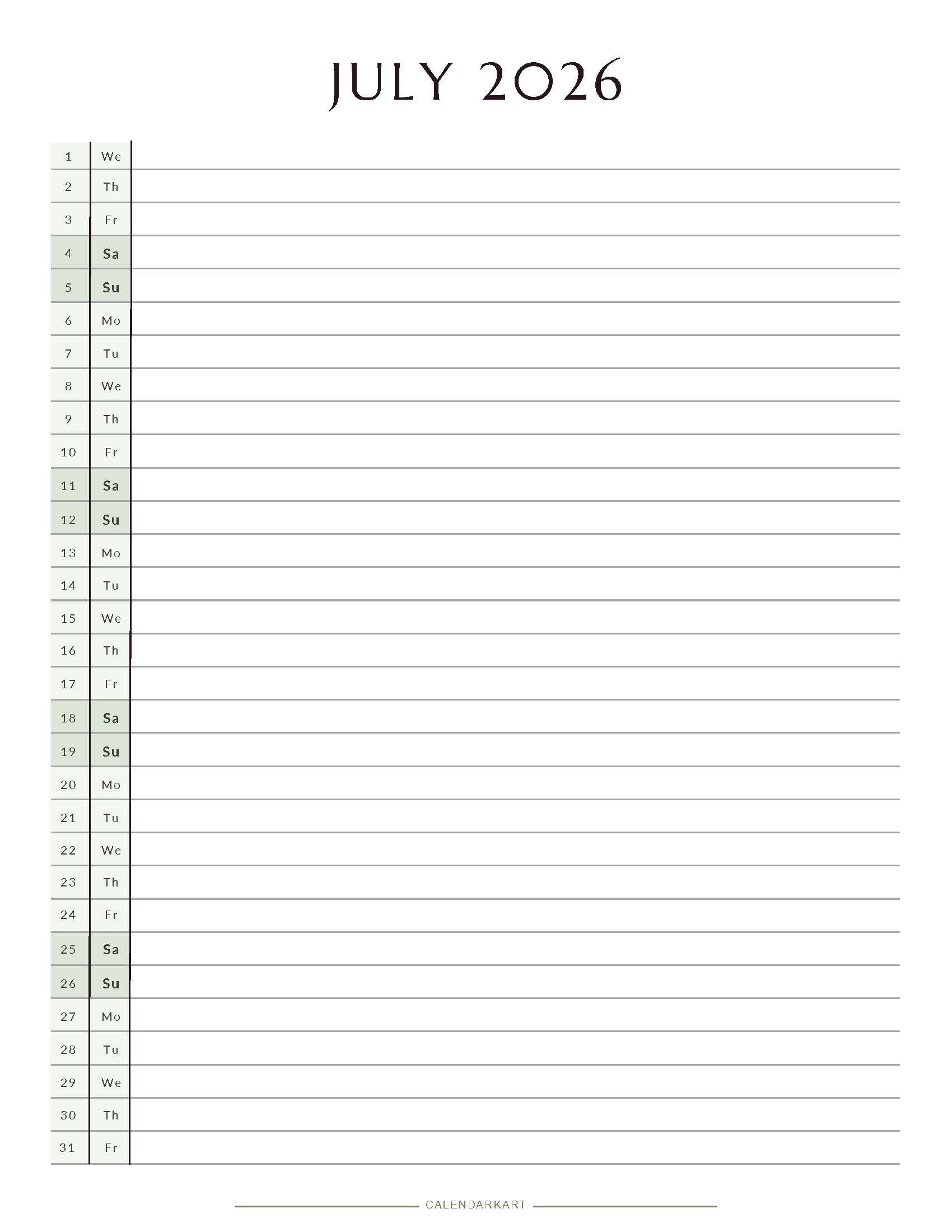 Free Printable July 2026 Monthly Calendar 9