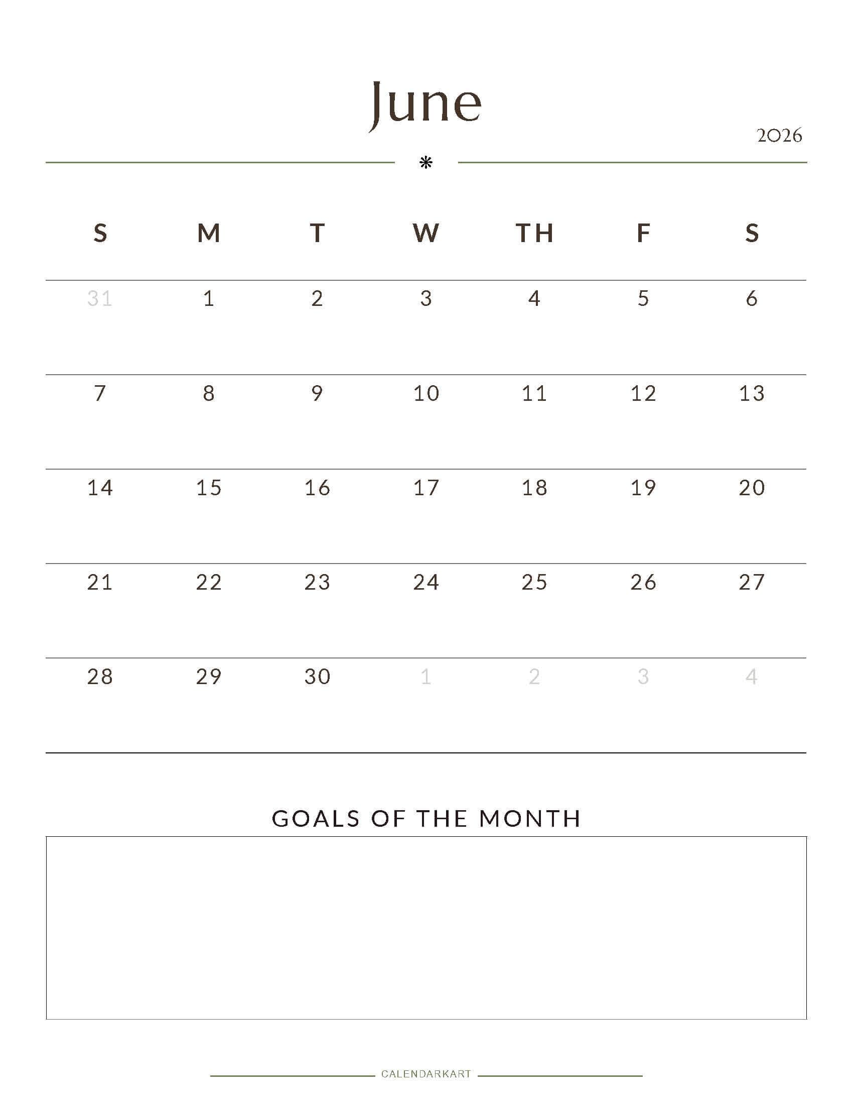 Free Printable June 2026 Monthly Calendar