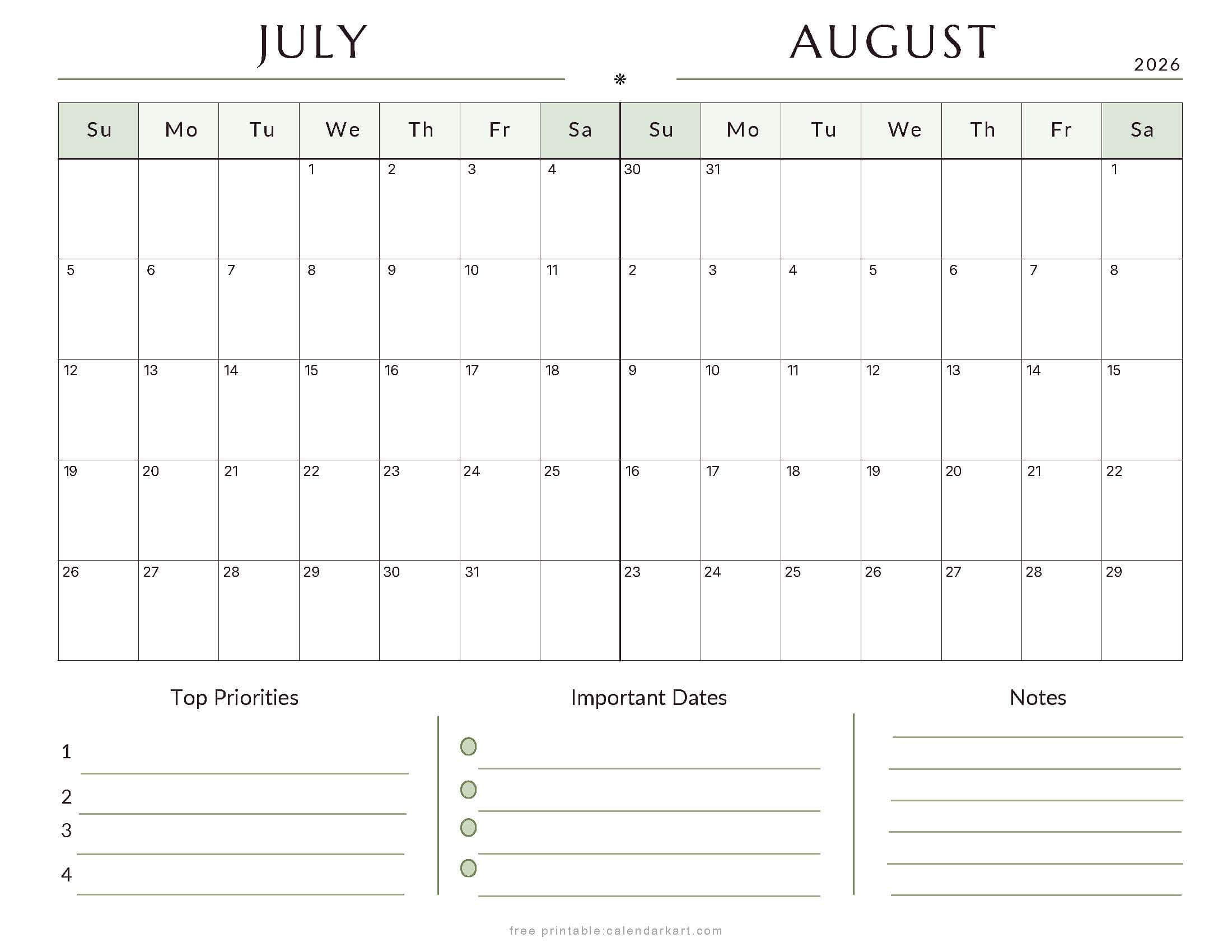July-August Bi Monthly Calendar 2026 2