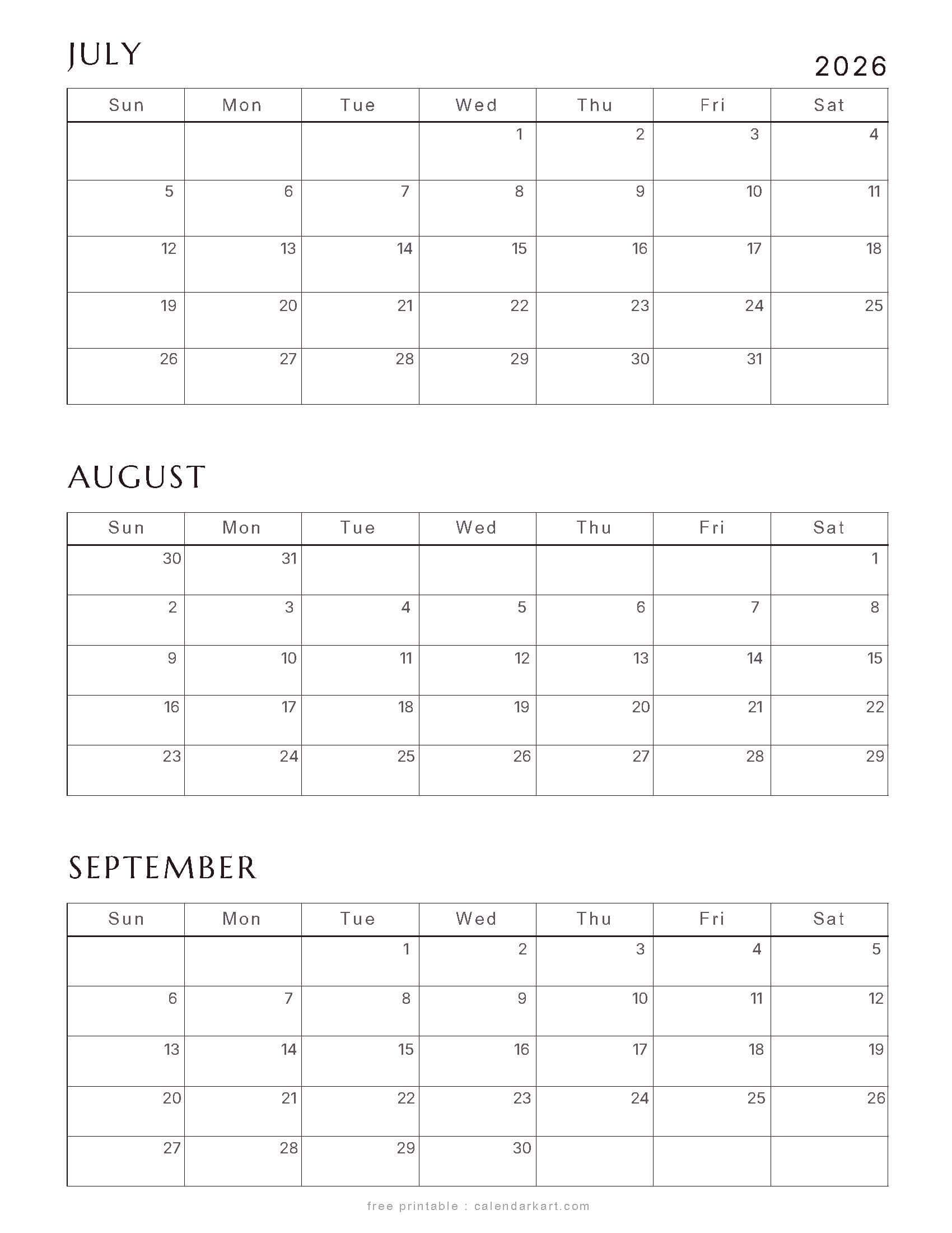 July-September 2026 Quarterly Calendar 1